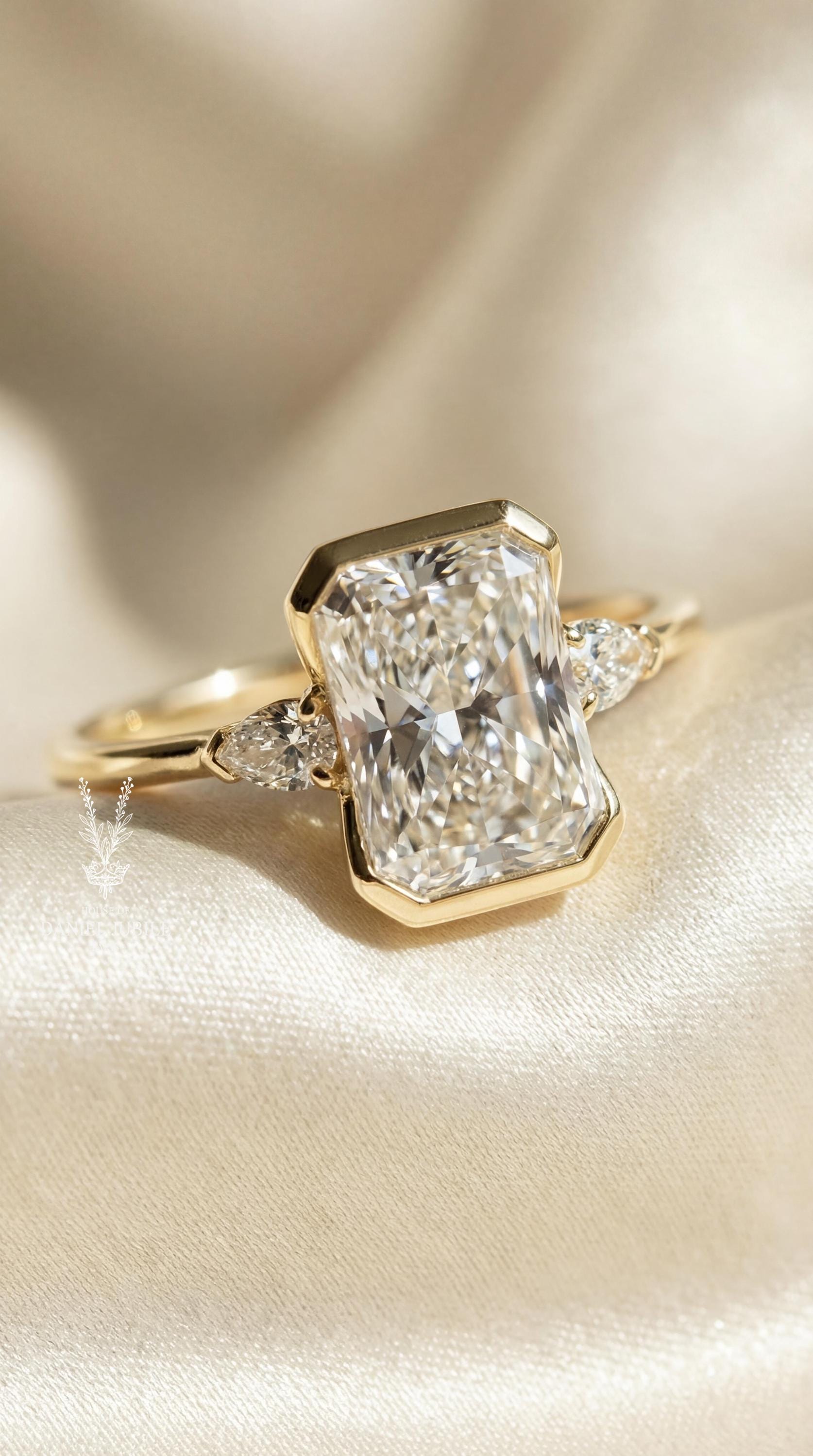 3Carat Radiant Cut Lab Grown Diamond Engagement Ring, 14k Gold Bezel Set Trilogy Ring