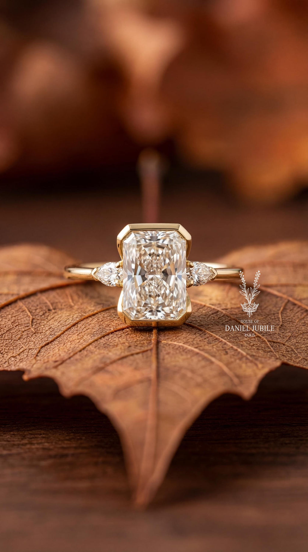 3Carat Radiant Cut Lab Grown Diamond Engagement Ring, 14k Gold Bezel Set Trilogy Ring