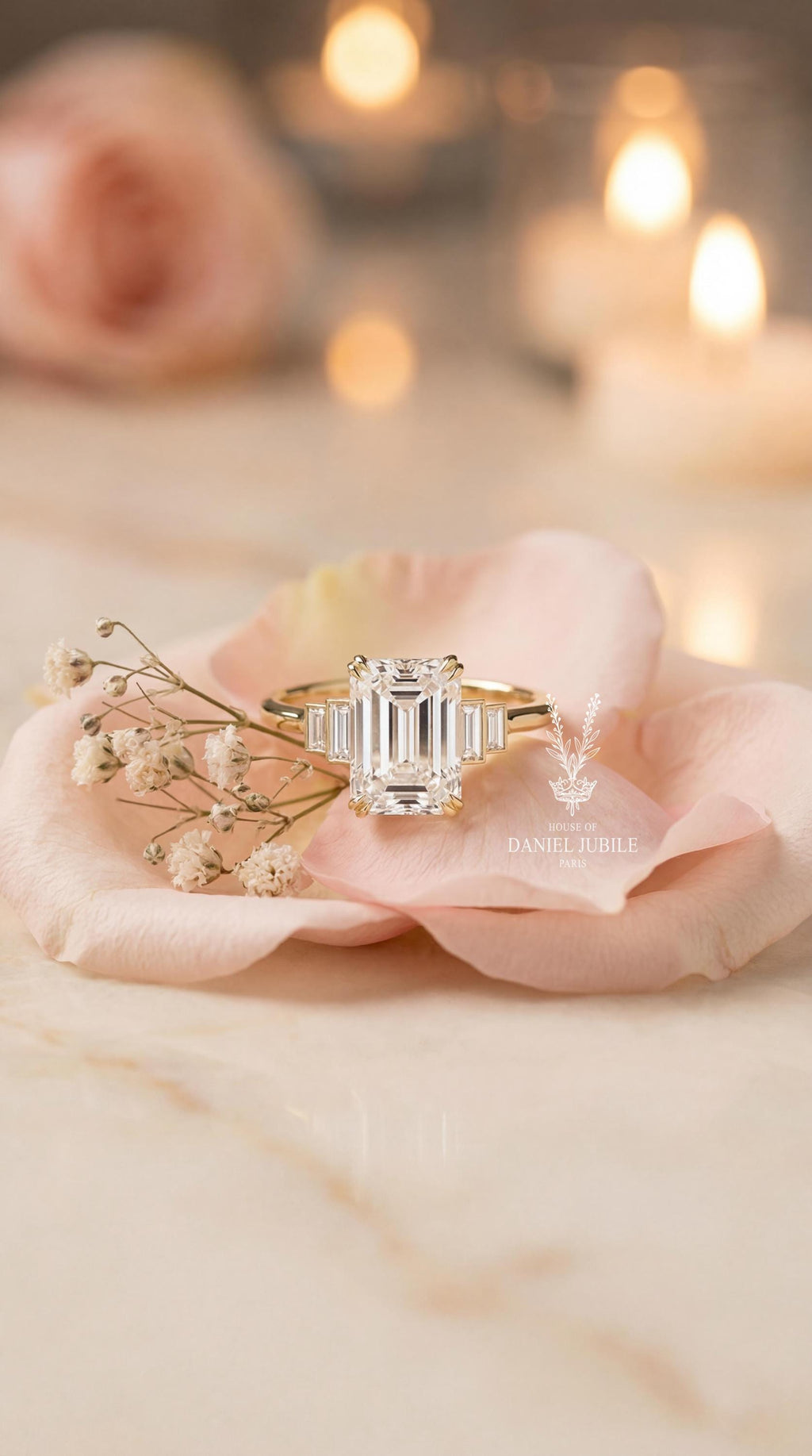 5Carat Art Deco Emerald Cut Lab Diamond Engagement Ring, Stepped Baguette, 14k Gold