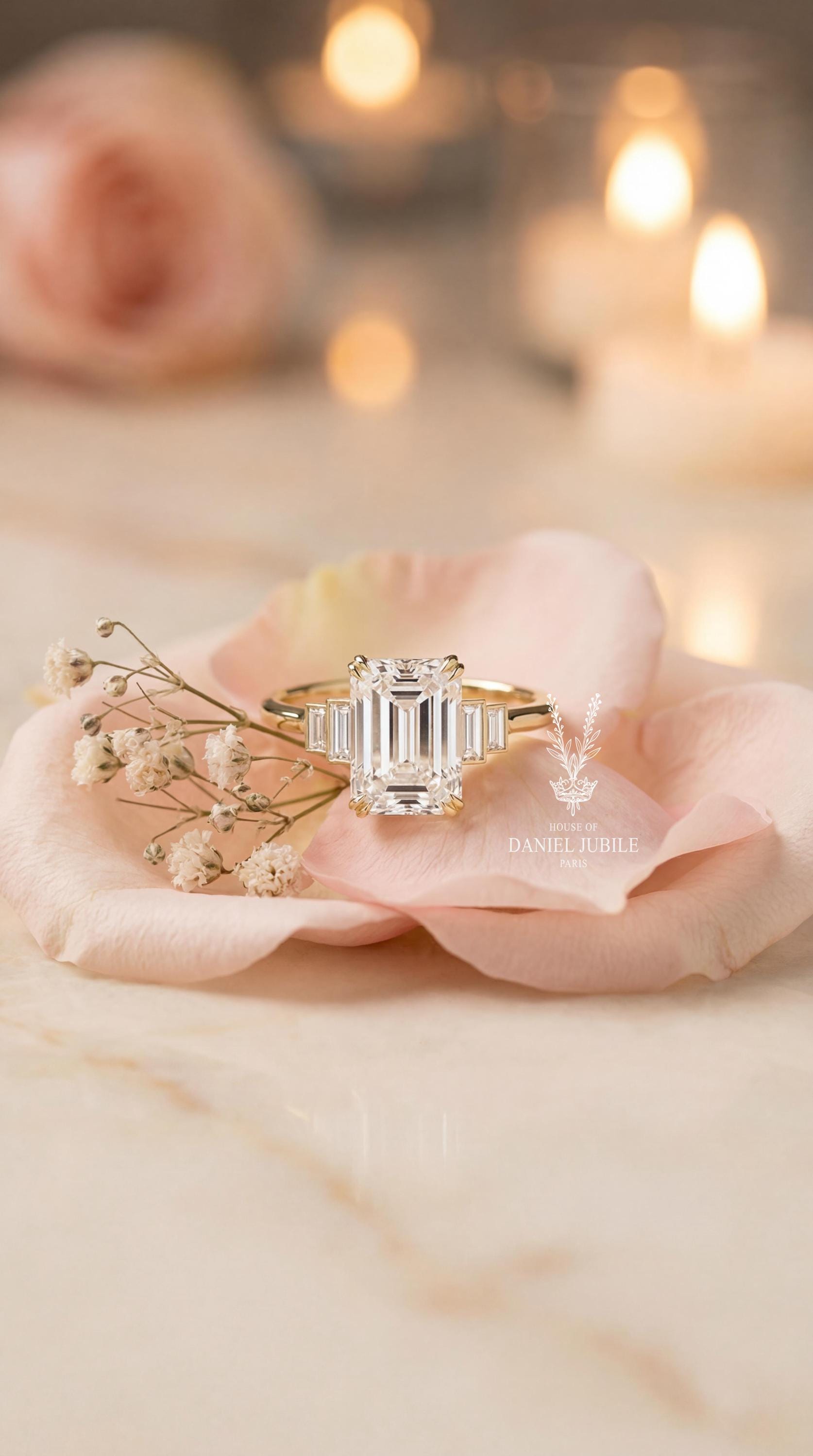 5Carat Art Deco Emerald Cut Lab Diamond Engagement Ring, Stepped Baguette, 14k Gold