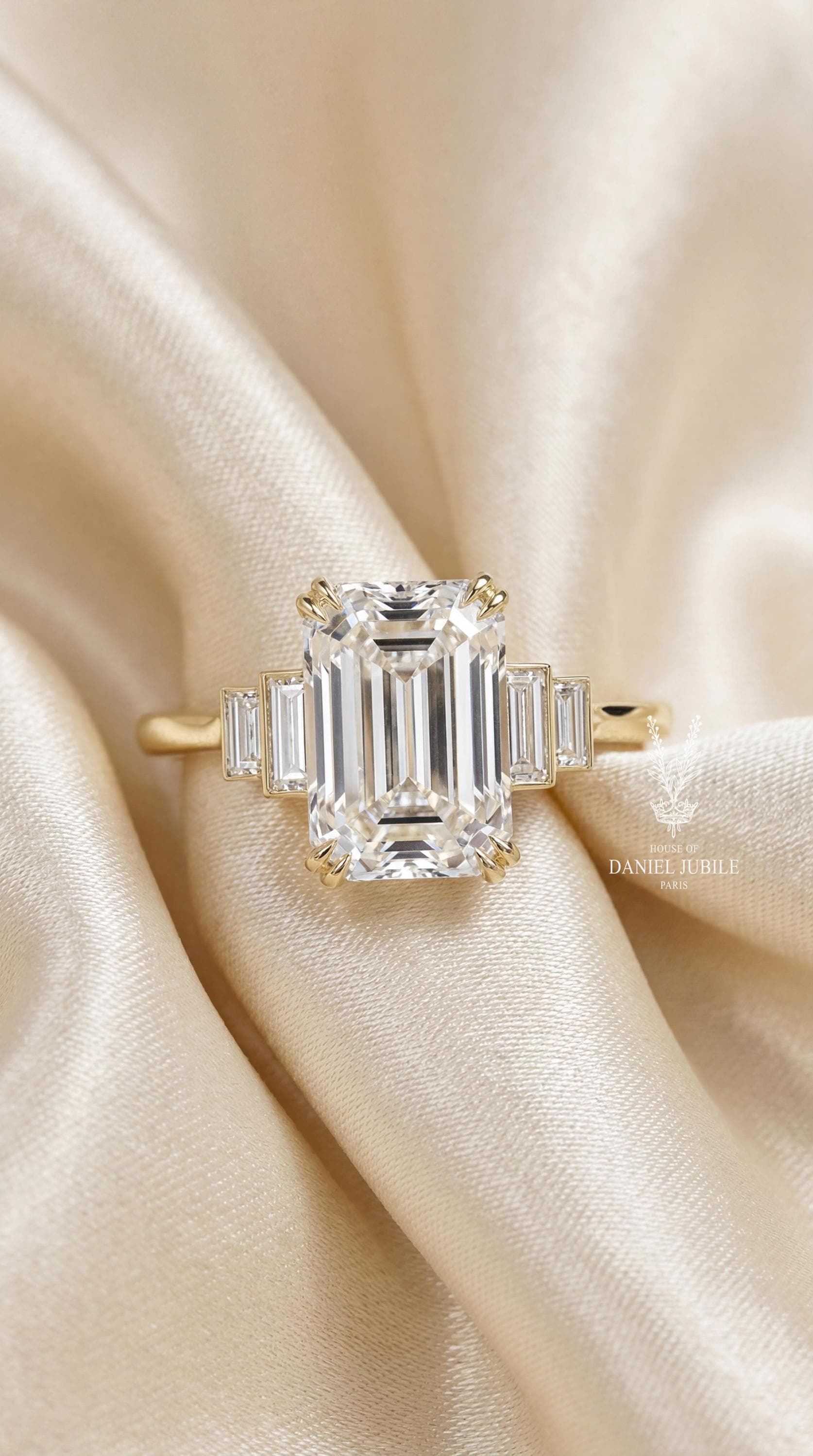 5Carat Art Deco Emerald Cut Lab Diamond Engagement Ring, Stepped Baguette, 14k Gold