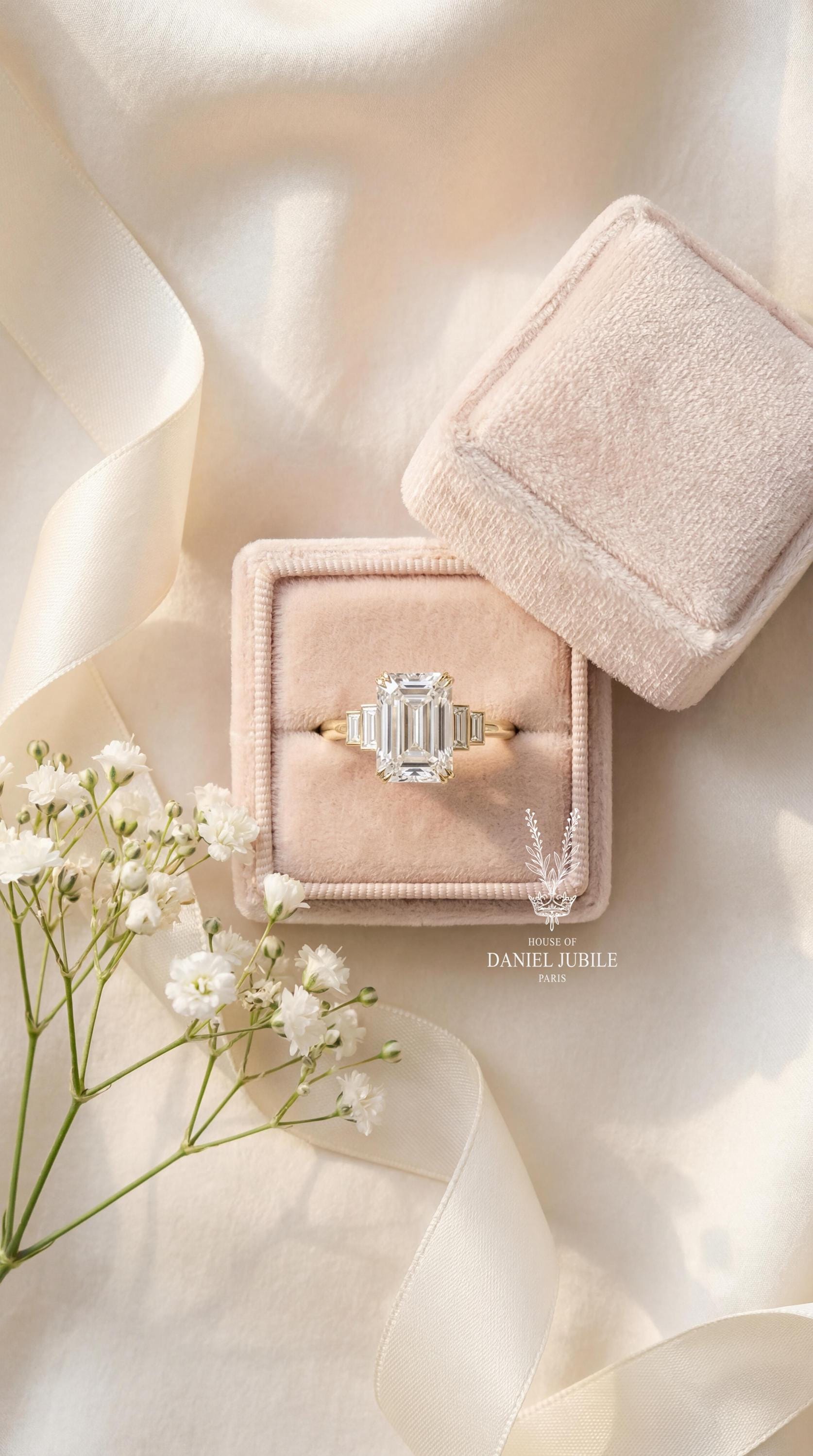 5Carat Art Deco Emerald Cut Lab Diamond Engagement Ring, Stepped Baguette, 14k Gold