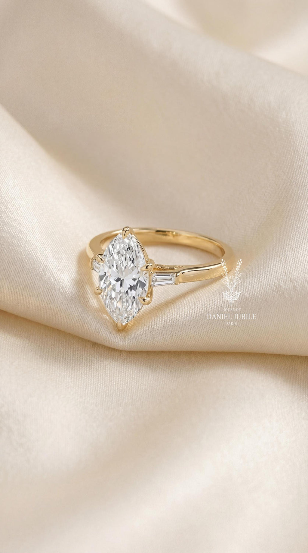 5ct Marquise Lab Diamond Engagement Ring, Art Deco 14k Gold Tulip Setting