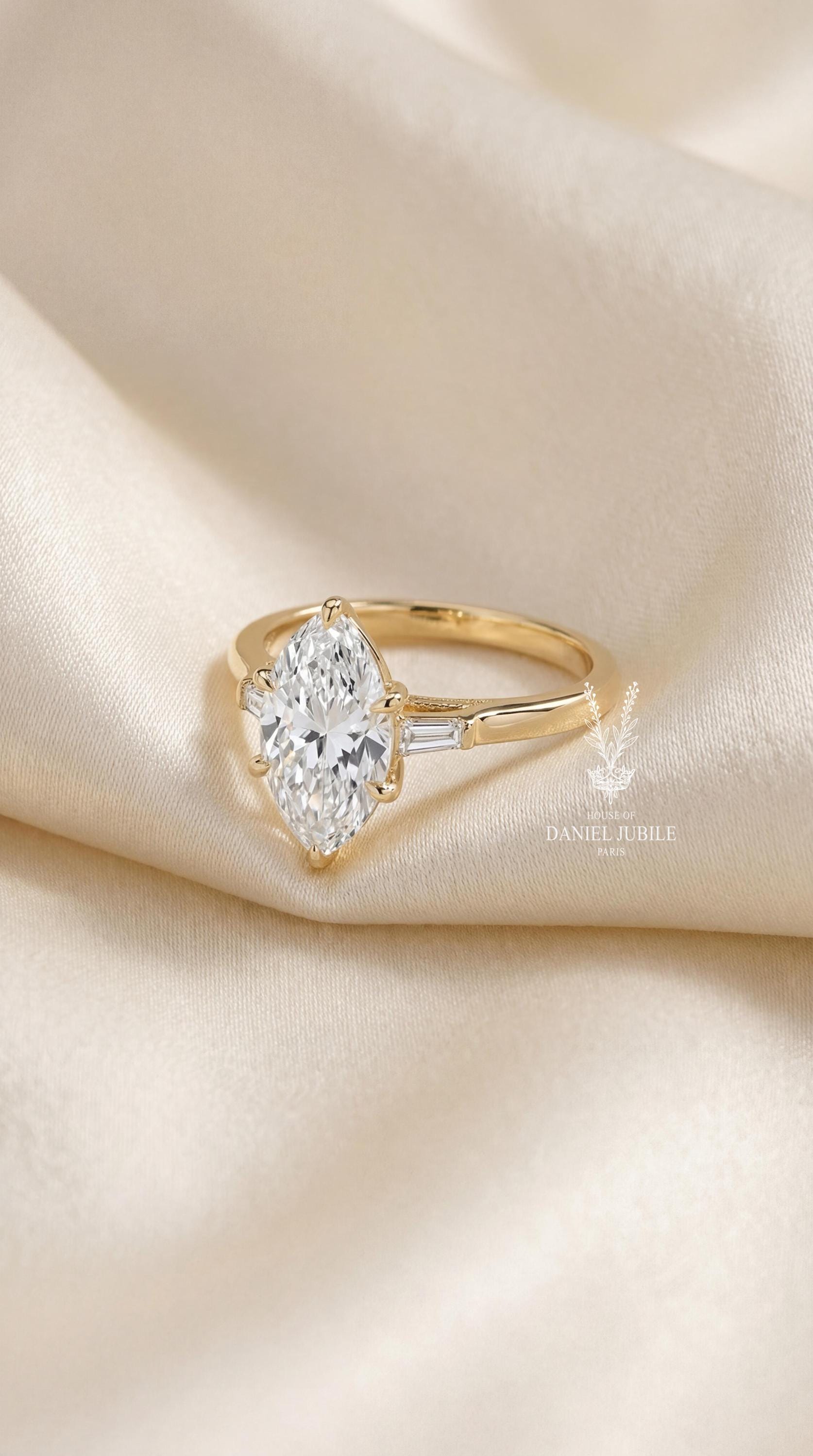 5ct Marquise Lab Diamond Engagement Ring, Art Deco 14k Gold Tulip Setting