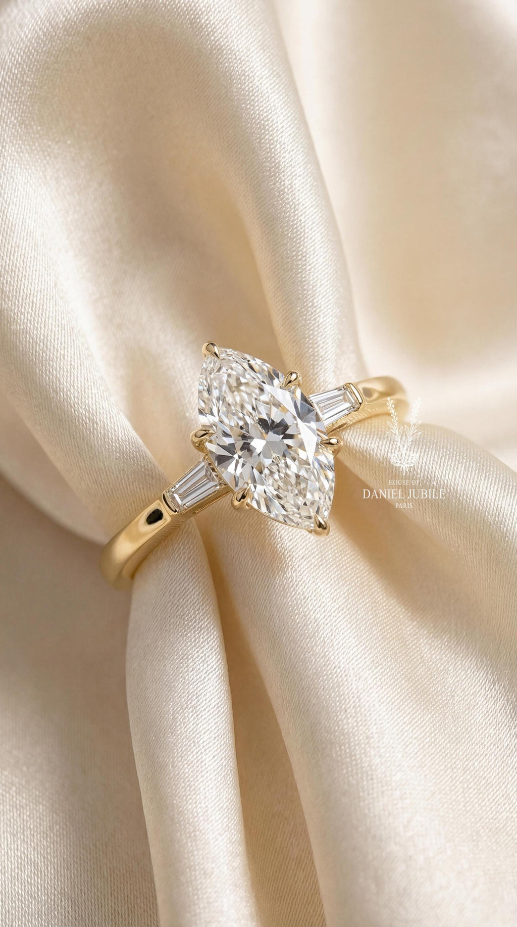5ct Marquise Lab Diamond Engagement Ring, Art Deco 14k Gold Tulip Setting