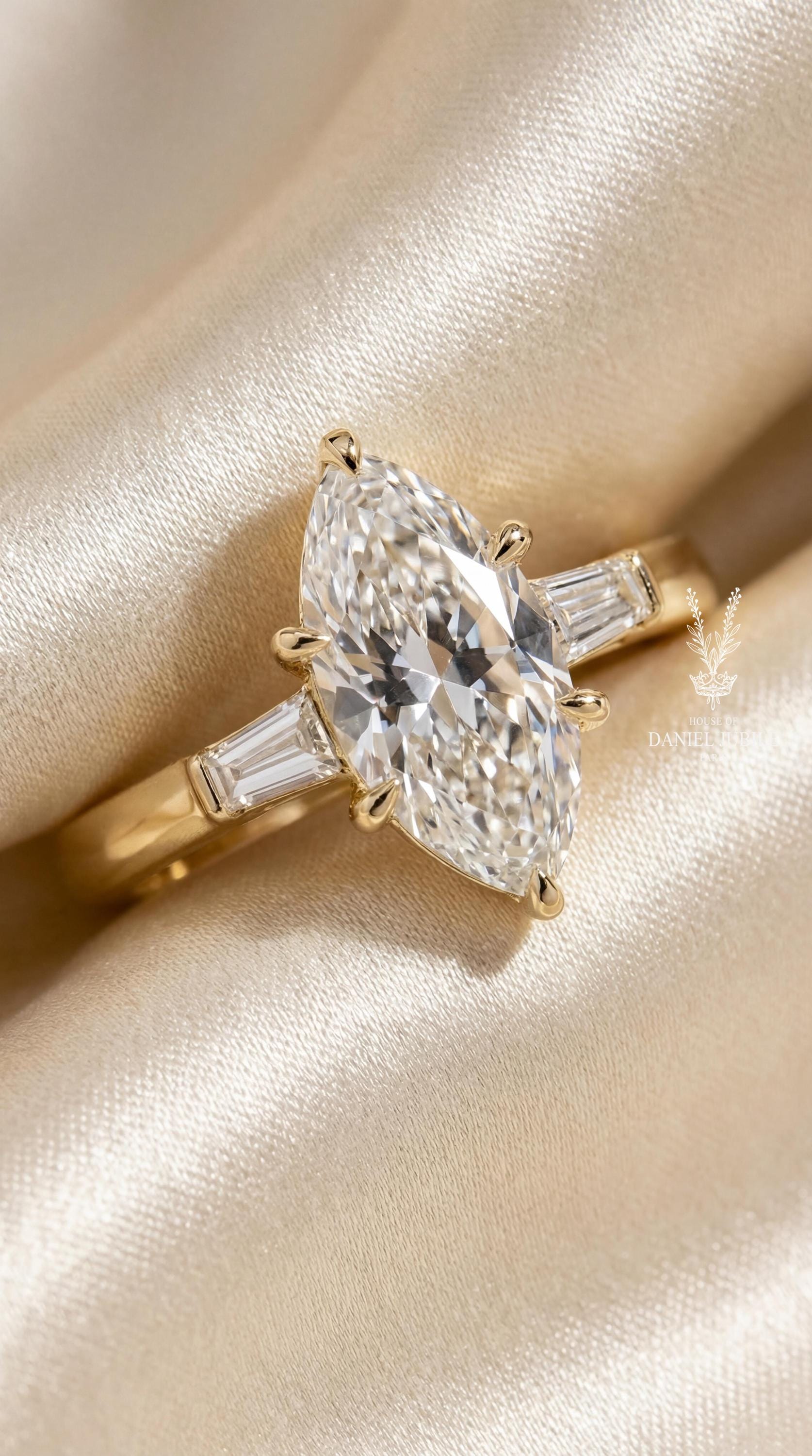 5ct Marquise Lab Diamond Engagement Ring, Art Deco 14k Gold Tulip Setting