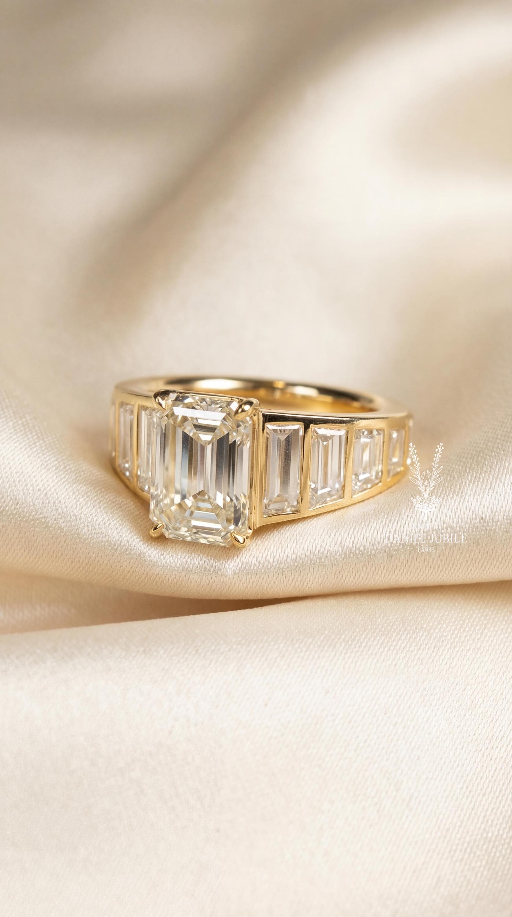 4Carat Emerald Cut Lab Grown Engagement Diamond Ring, 14k Gold Art Deco Baguette Wide Band
