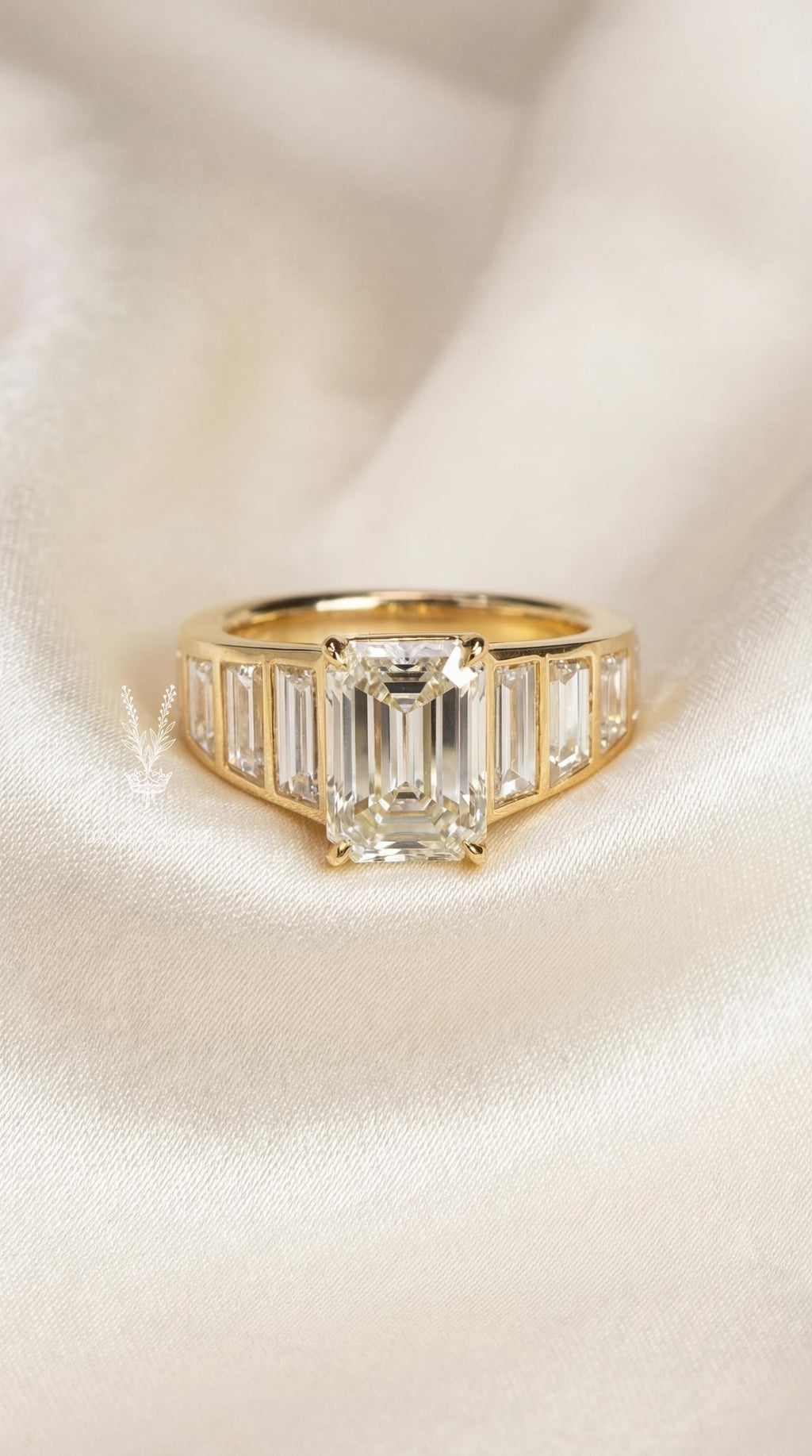 4Carat Emerald Cut Lab Grown Engagement Diamond Ring, 14k Gold Art Deco Baguette Wide Band