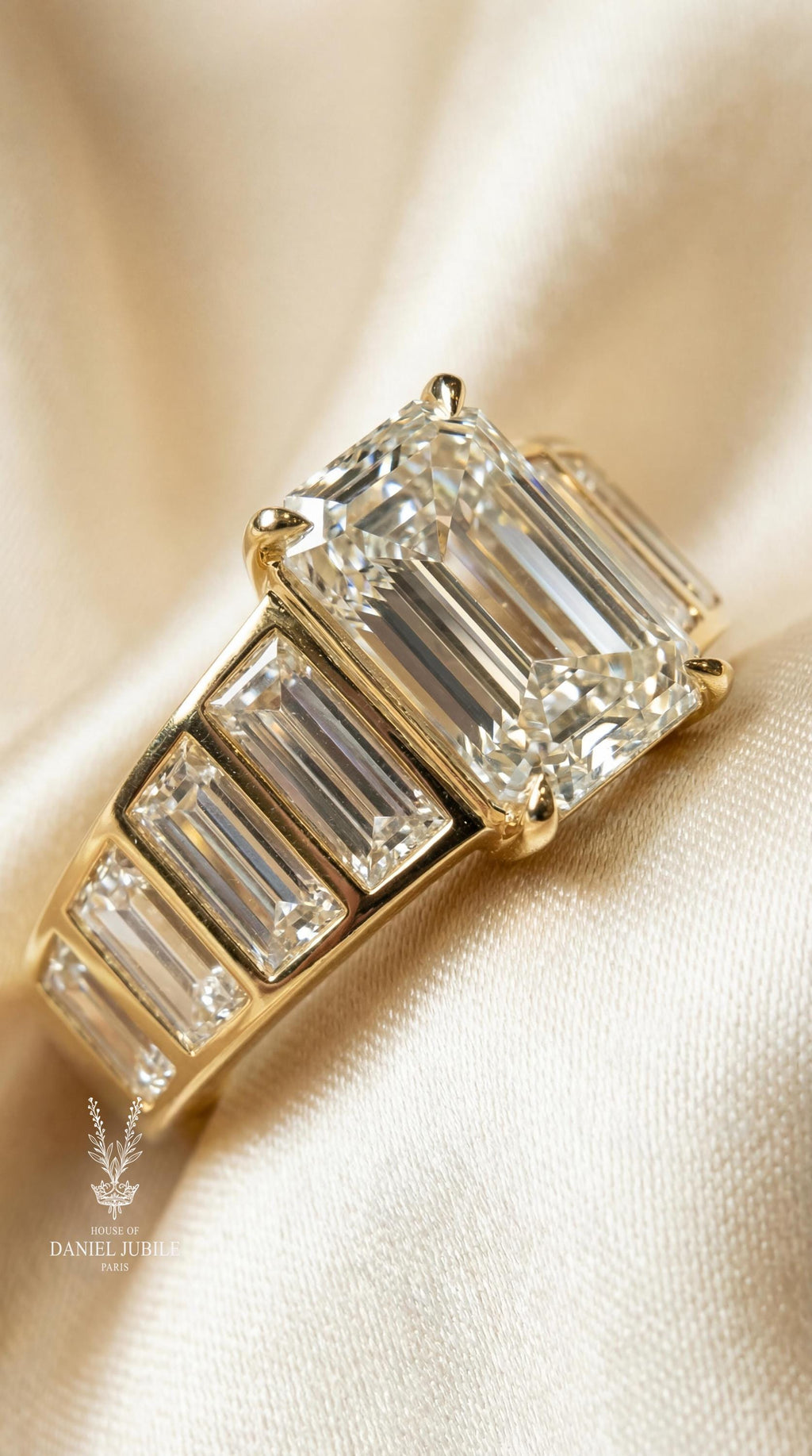 4Carat Emerald Cut Lab Grown Engagement Diamond Ring, 14k Gold Art Deco Baguette Wide Band