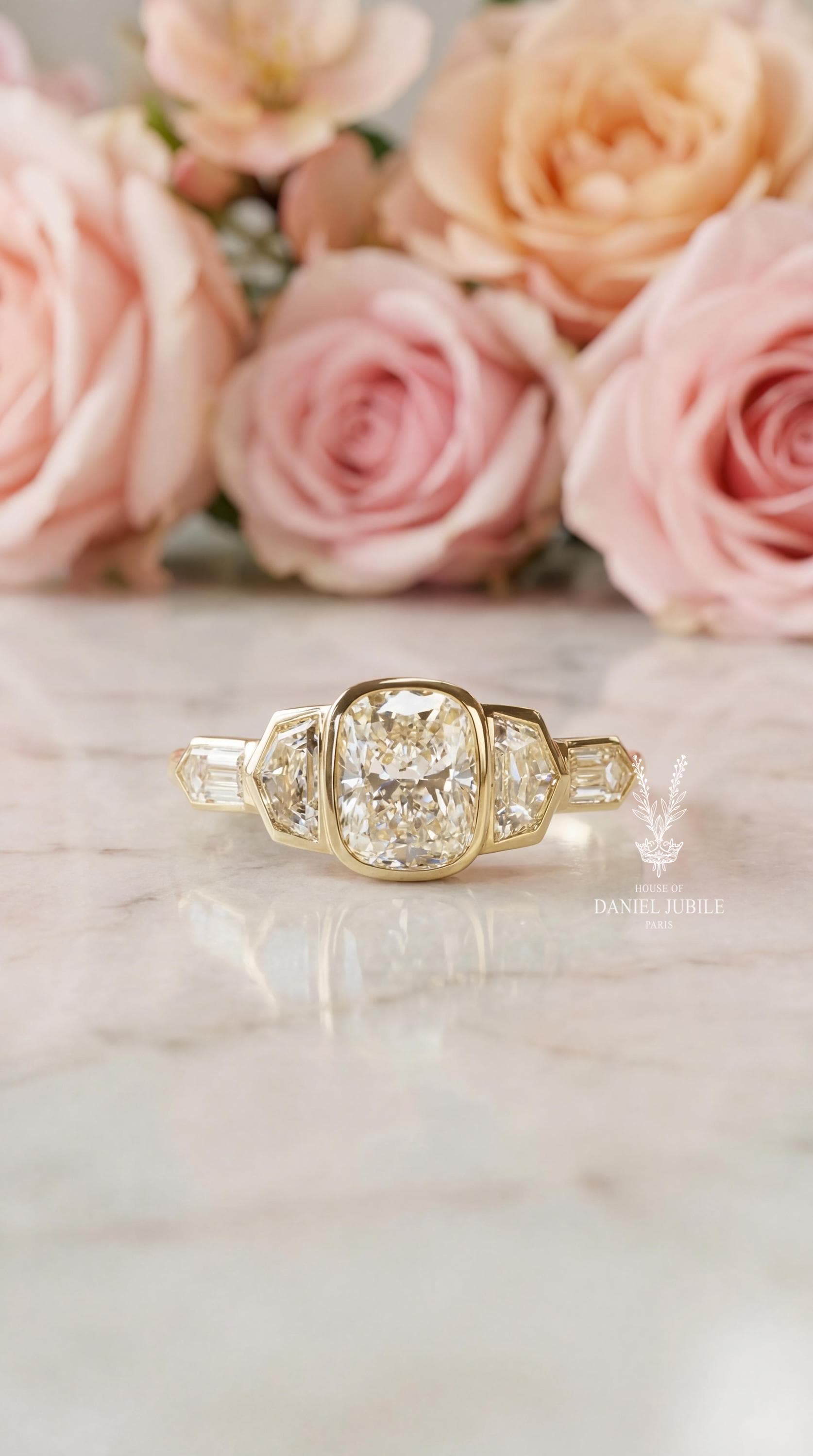 Art Deco 4ctw Cushion Cut Lab Engagement Diamond Ring, 14k Gold Bezel Set