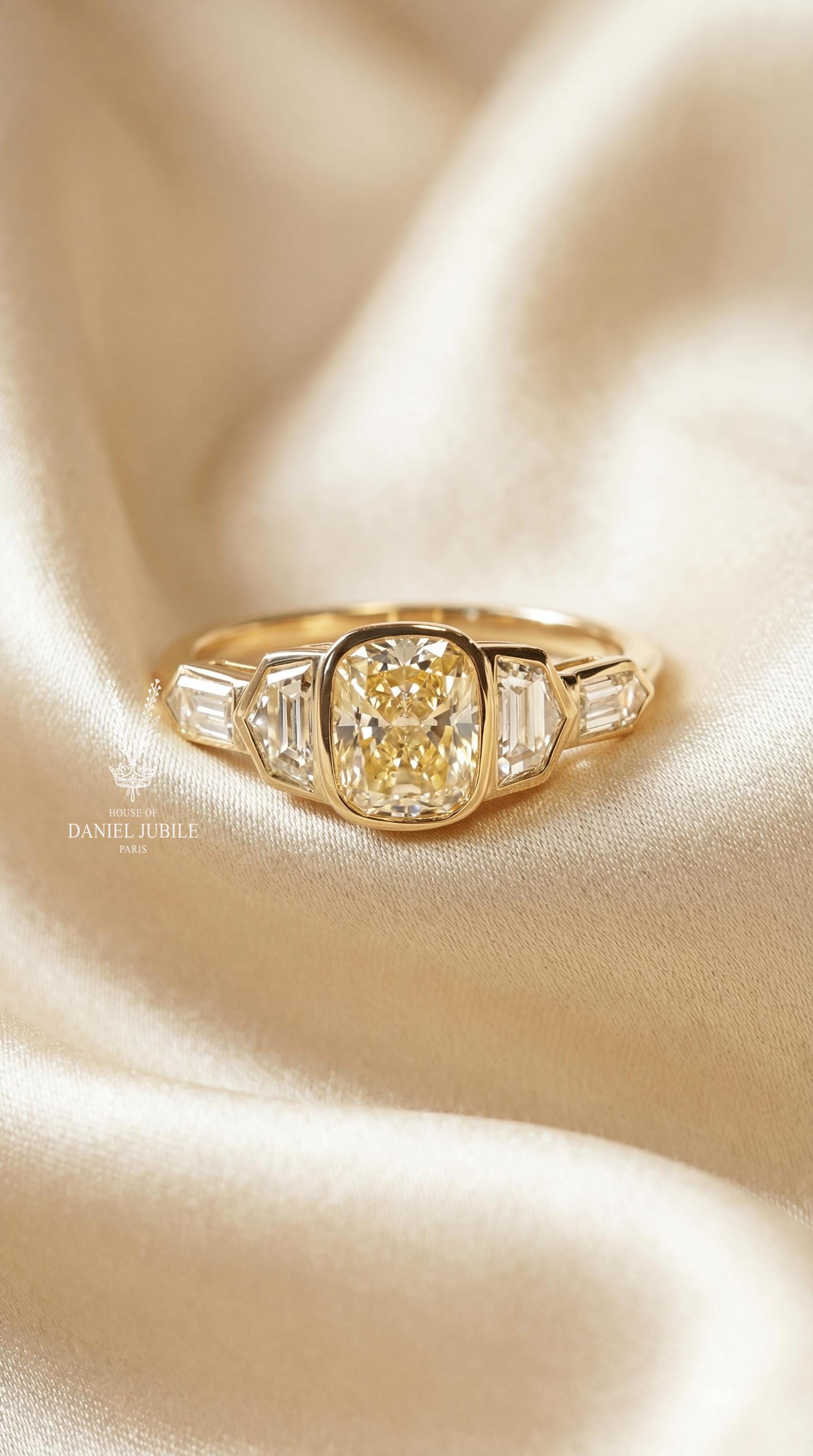 Art Deco 4ctw Cushion Cut Lab Engagement Diamond Ring, 14k Gold Bezel Set
