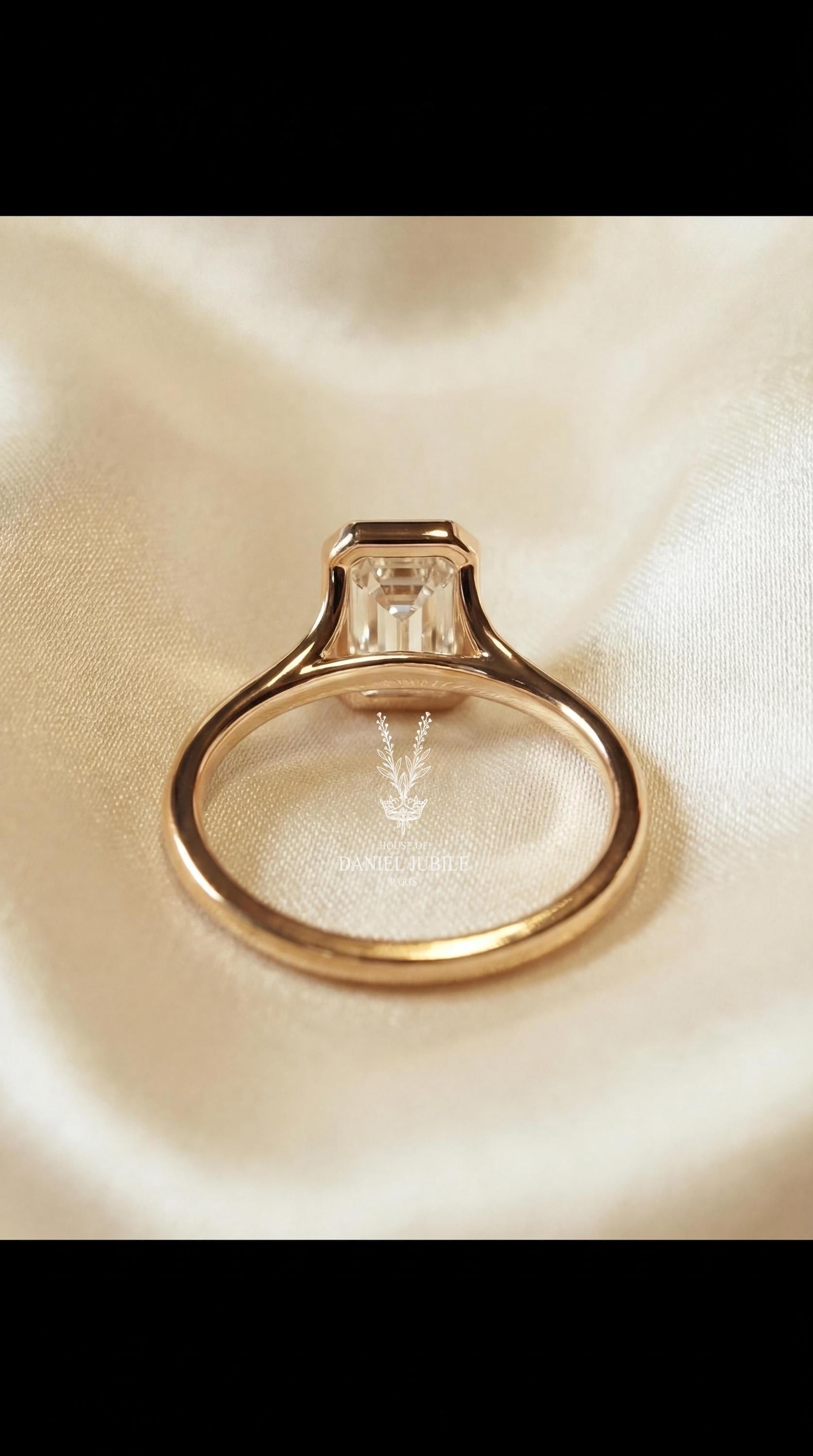 3ct Emerald Cut Lab Diamond Engagement Ring, 14k Gold Bezel Set Split Shank