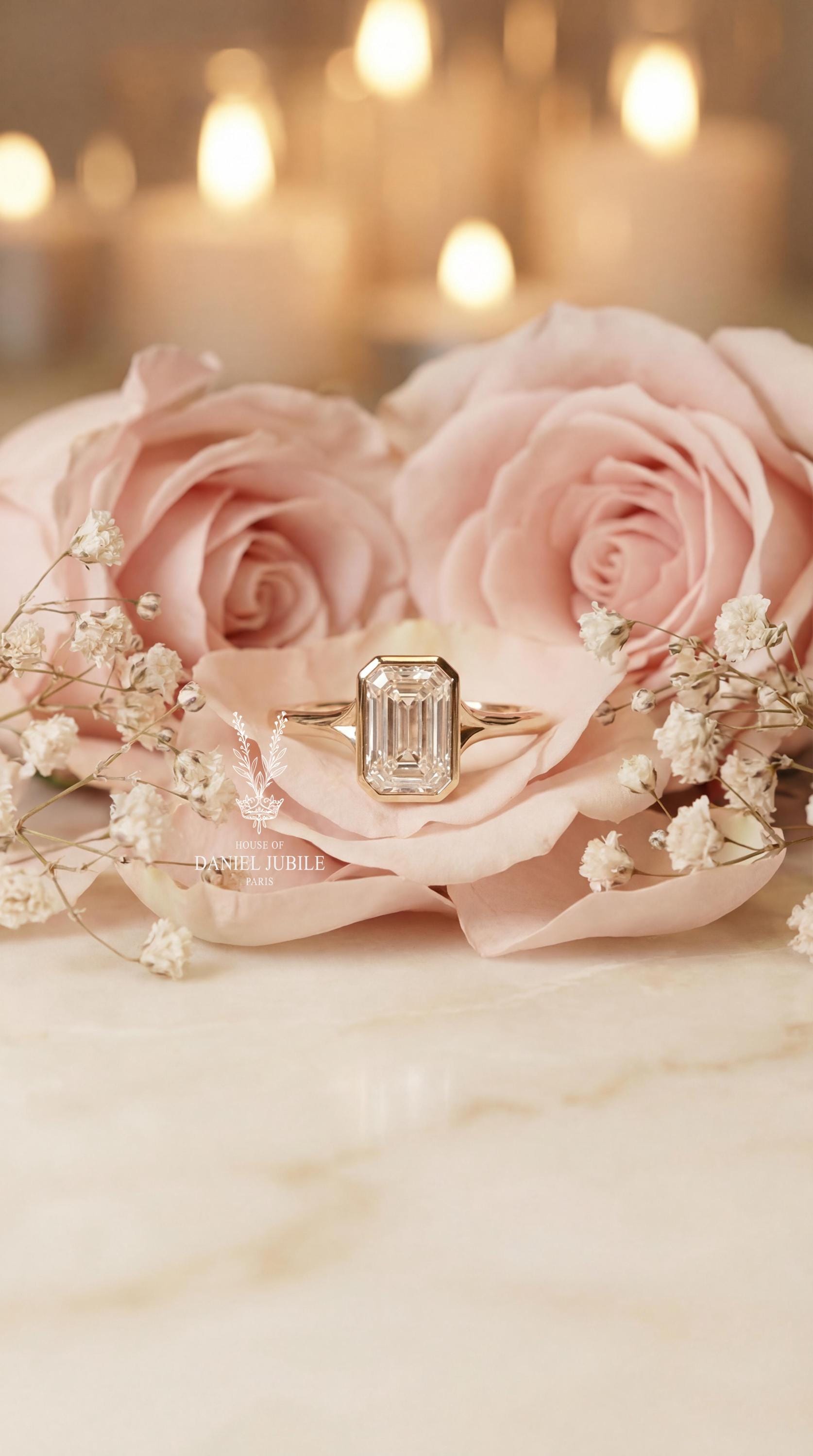 3ct Emerald Cut Lab Diamond Engagement Ring, 14k Gold Bezel Set Split Shank