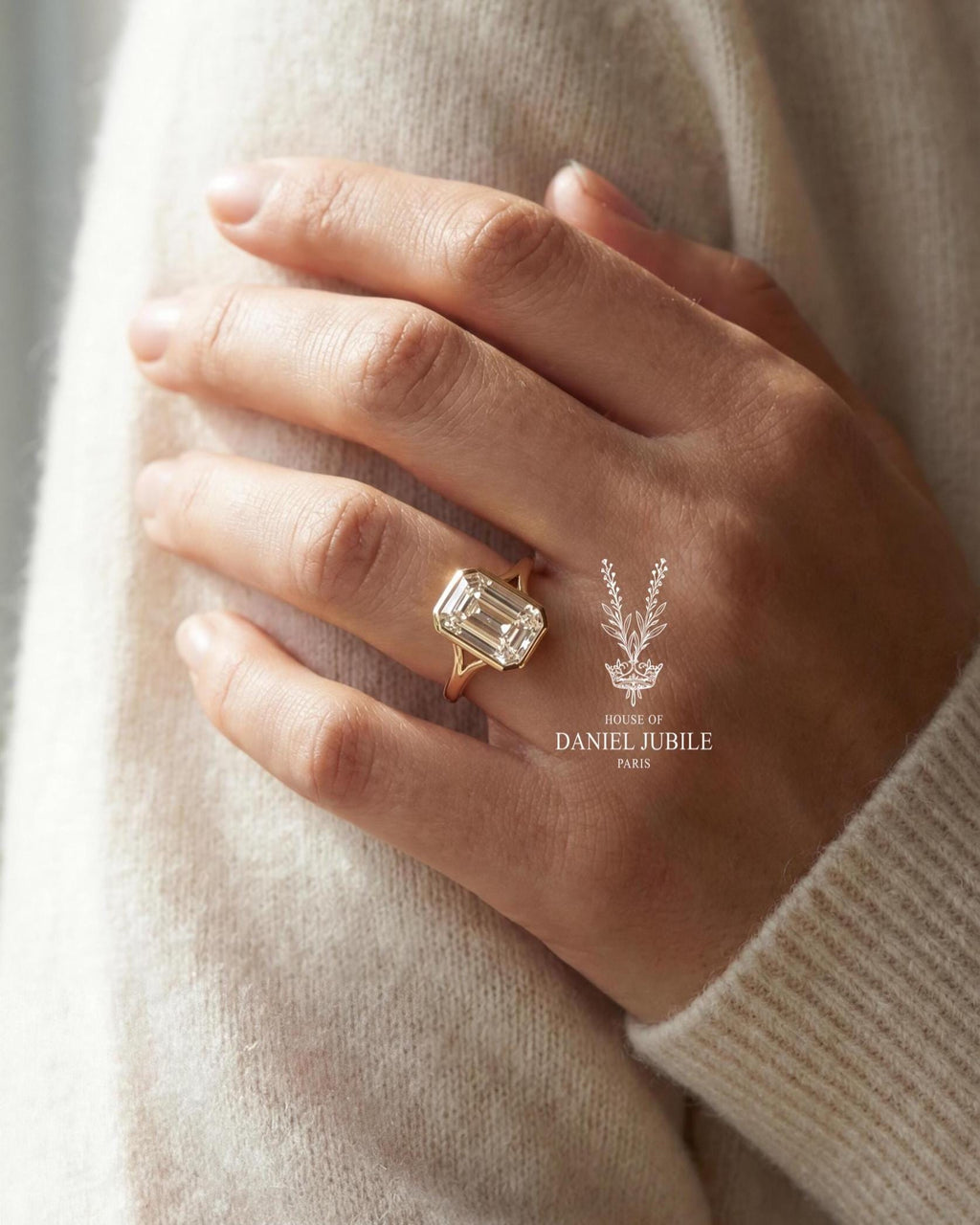 3ct Emerald Cut Lab Diamond Engagement Ring, 14k Gold Bezel Set Split Shank