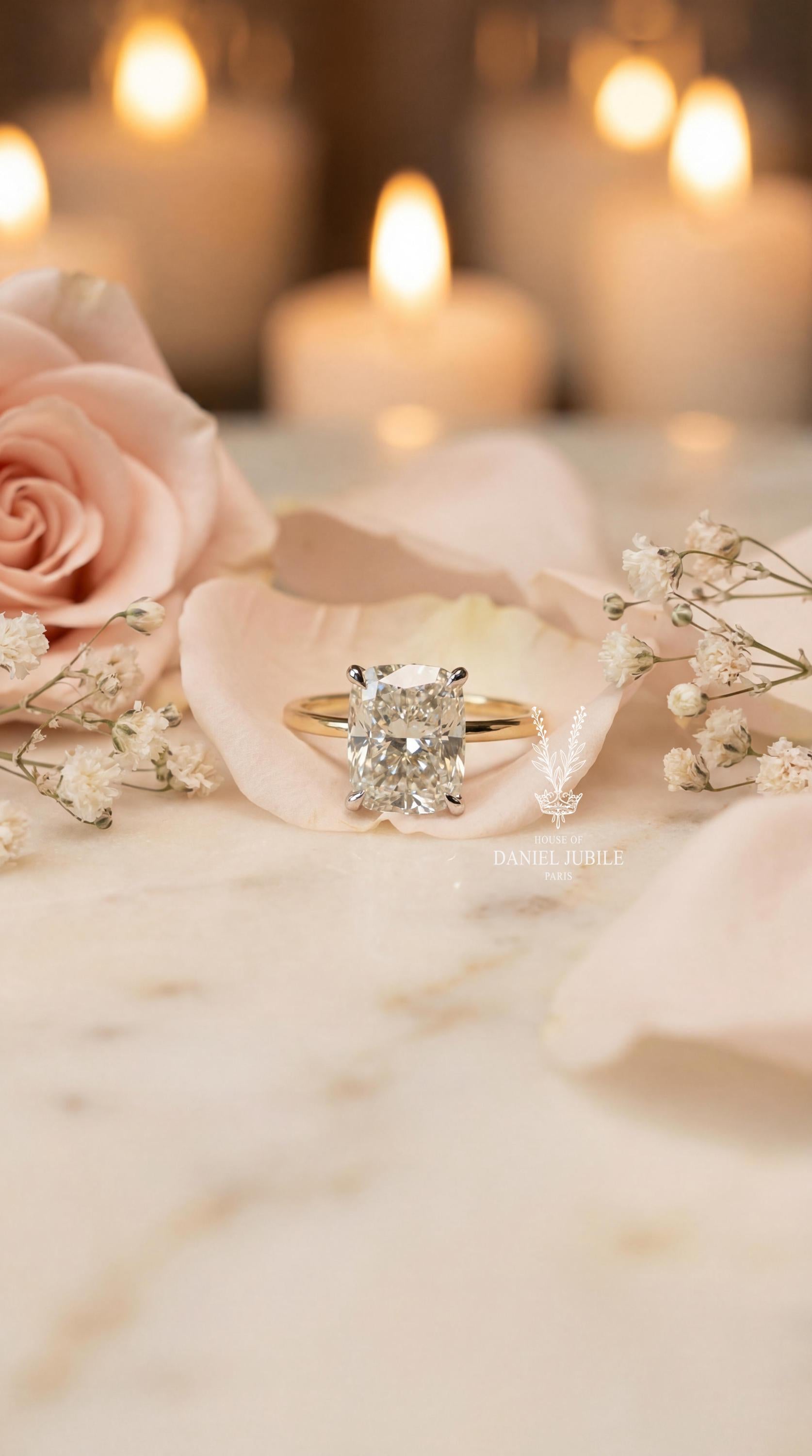 2ct Elongated Cushion Cut Lab Diamond Engagement Ring, 14k Gold Cathedral Solitaire