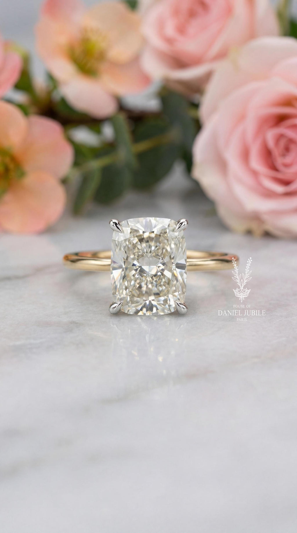 2ct Elongated Cushion Cut Lab Diamond Engagement Ring, 14k Gold Cathedral Solitaire