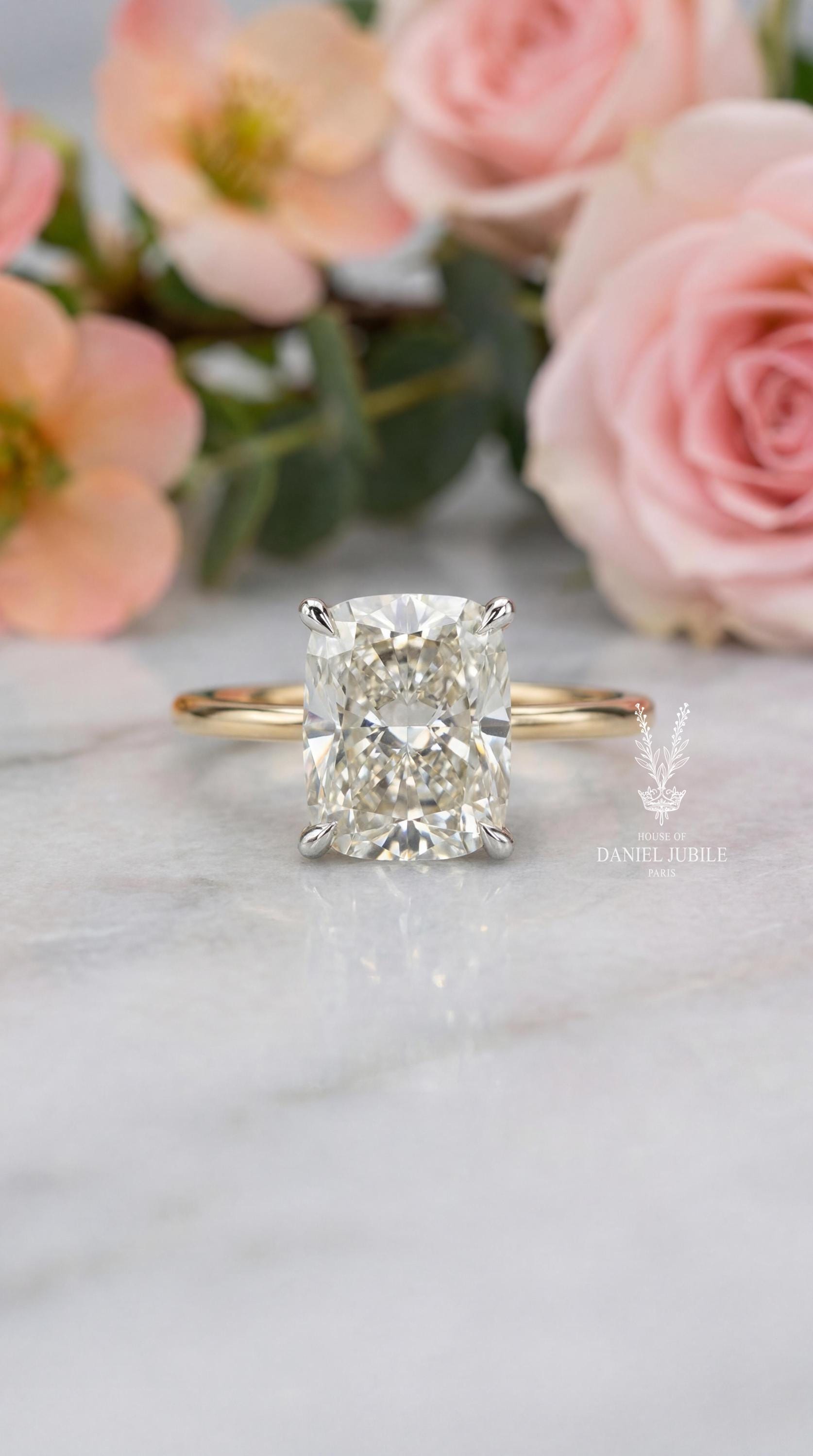 2ct Elongated Cushion Cut Lab Diamond Engagement Ring, 14k Gold Cathedral Solitaire