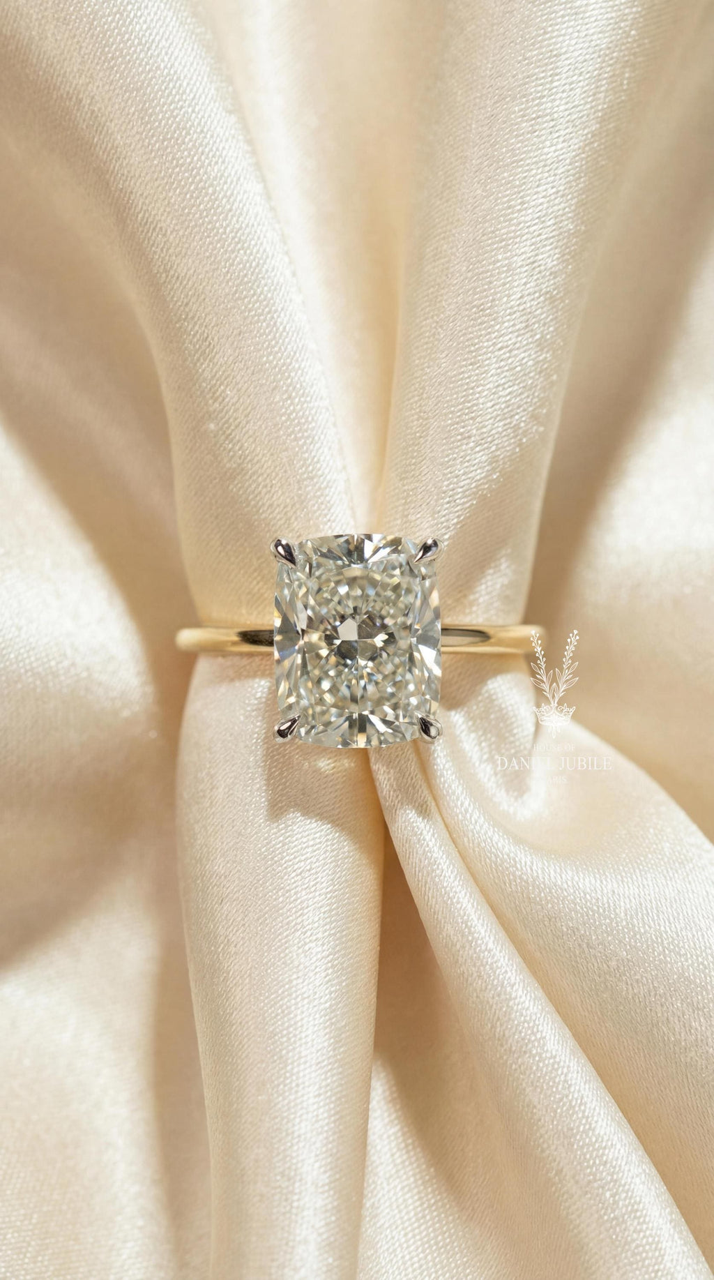 2ct Elongated Cushion Cut Lab Diamond Engagement Ring, 14k Gold Cathedral Solitaire