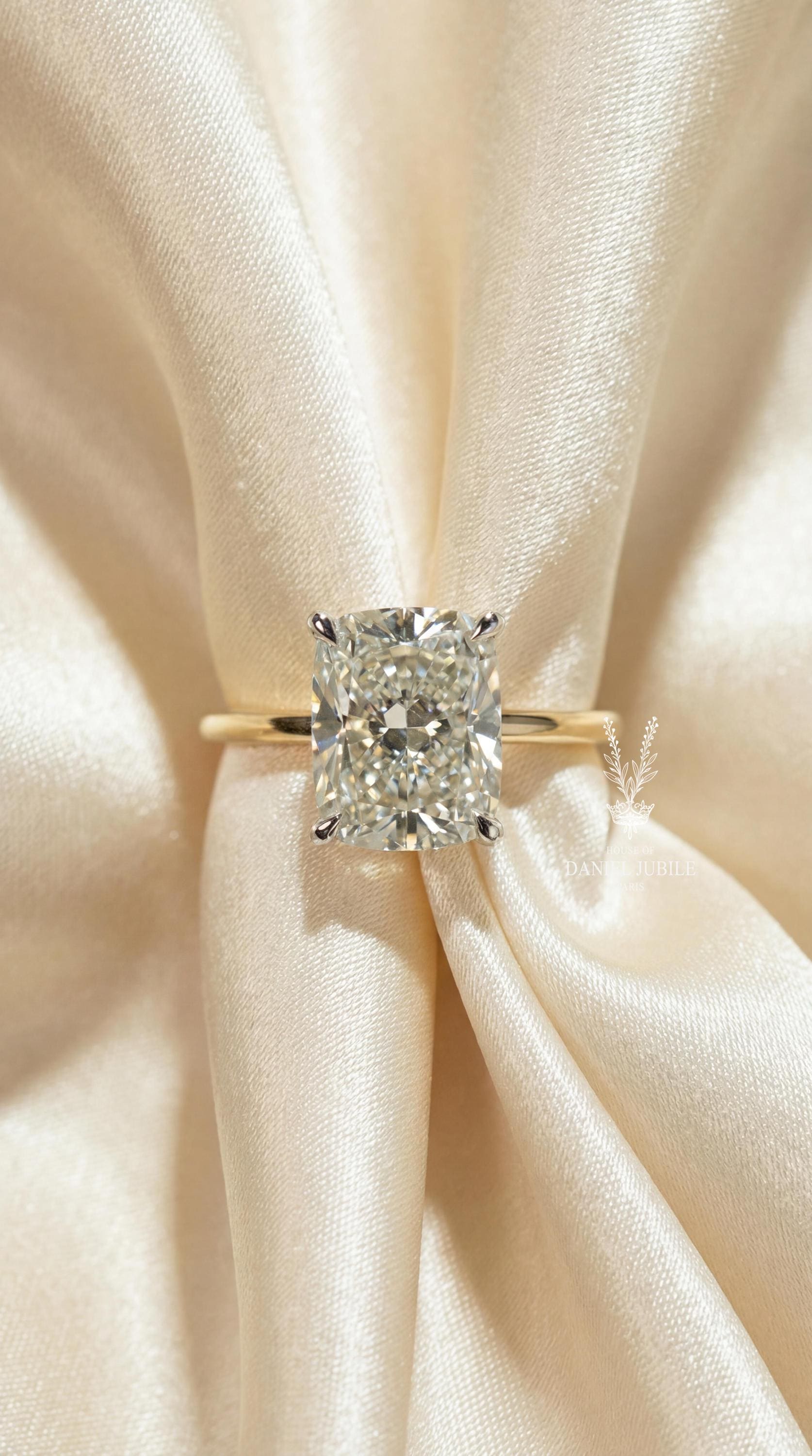 2ct Elongated Cushion Cut Lab Diamond Engagement Ring, 14k Gold Cathedral Solitaire