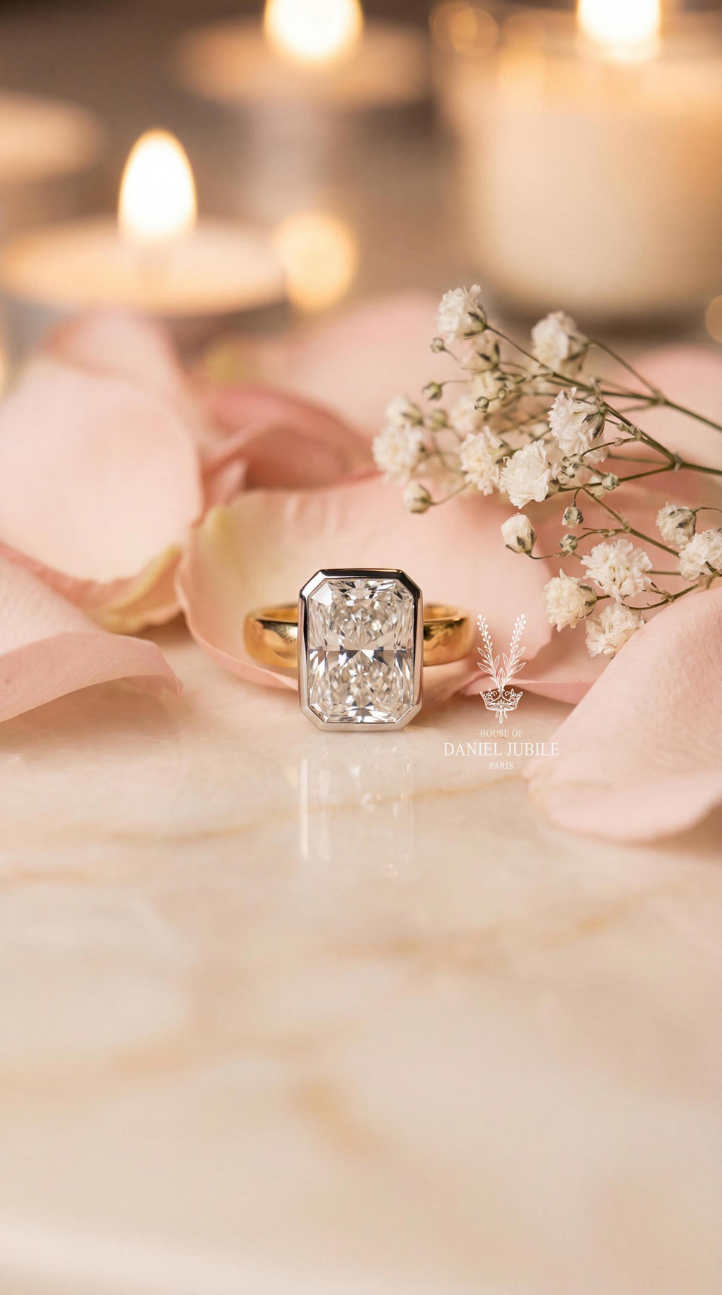 3ct Radiant Cut Diamond Engagement Ring Half Bezel Set Solitaire 14k Gold Wide Cigar Band Modern Minimalist Statement Wedding Ring