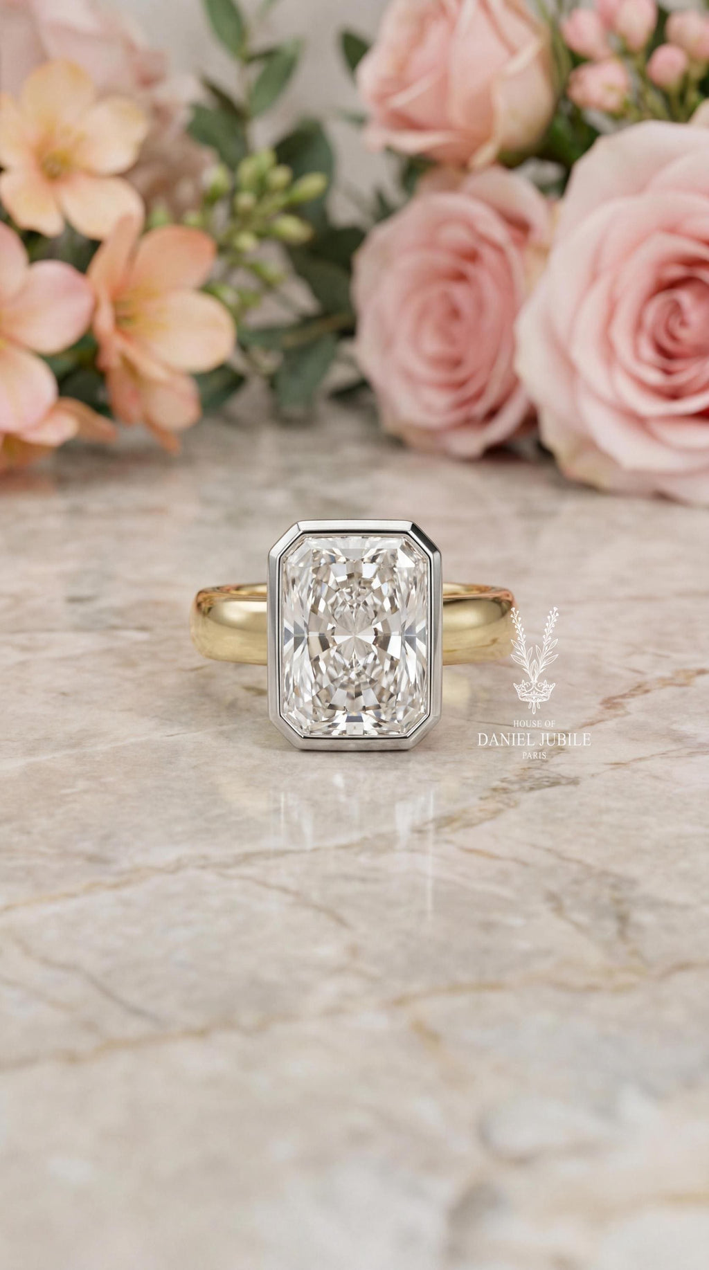 3ct Radiant Cut Diamond Engagement Ring Half Bezel Set Solitaire 14k Gold Wide Cigar Band Modern Minimalist Statement Wedding Ring