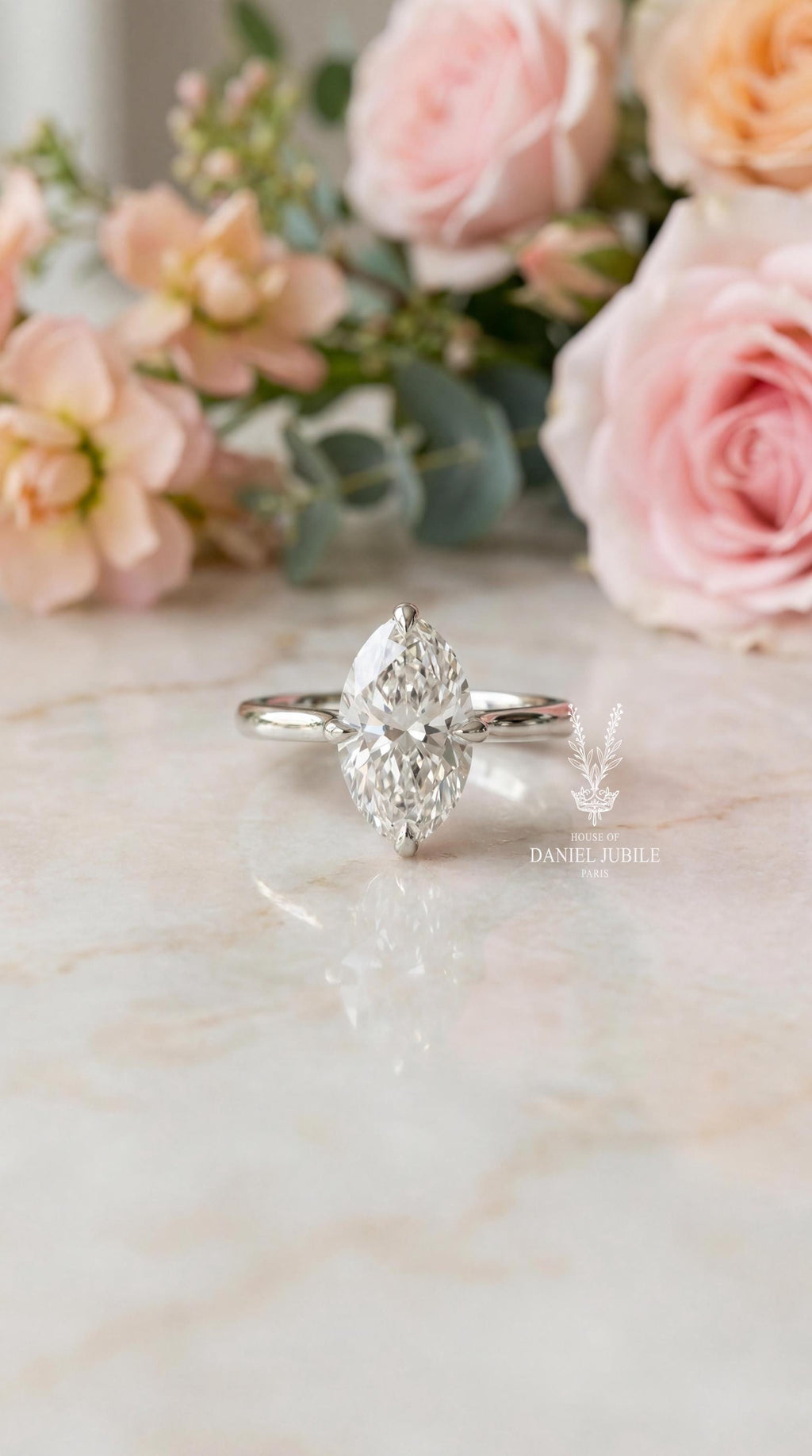 4ct Marquise Lab Diamond Engagement Ring, 14k Gold Tulip Solitaire