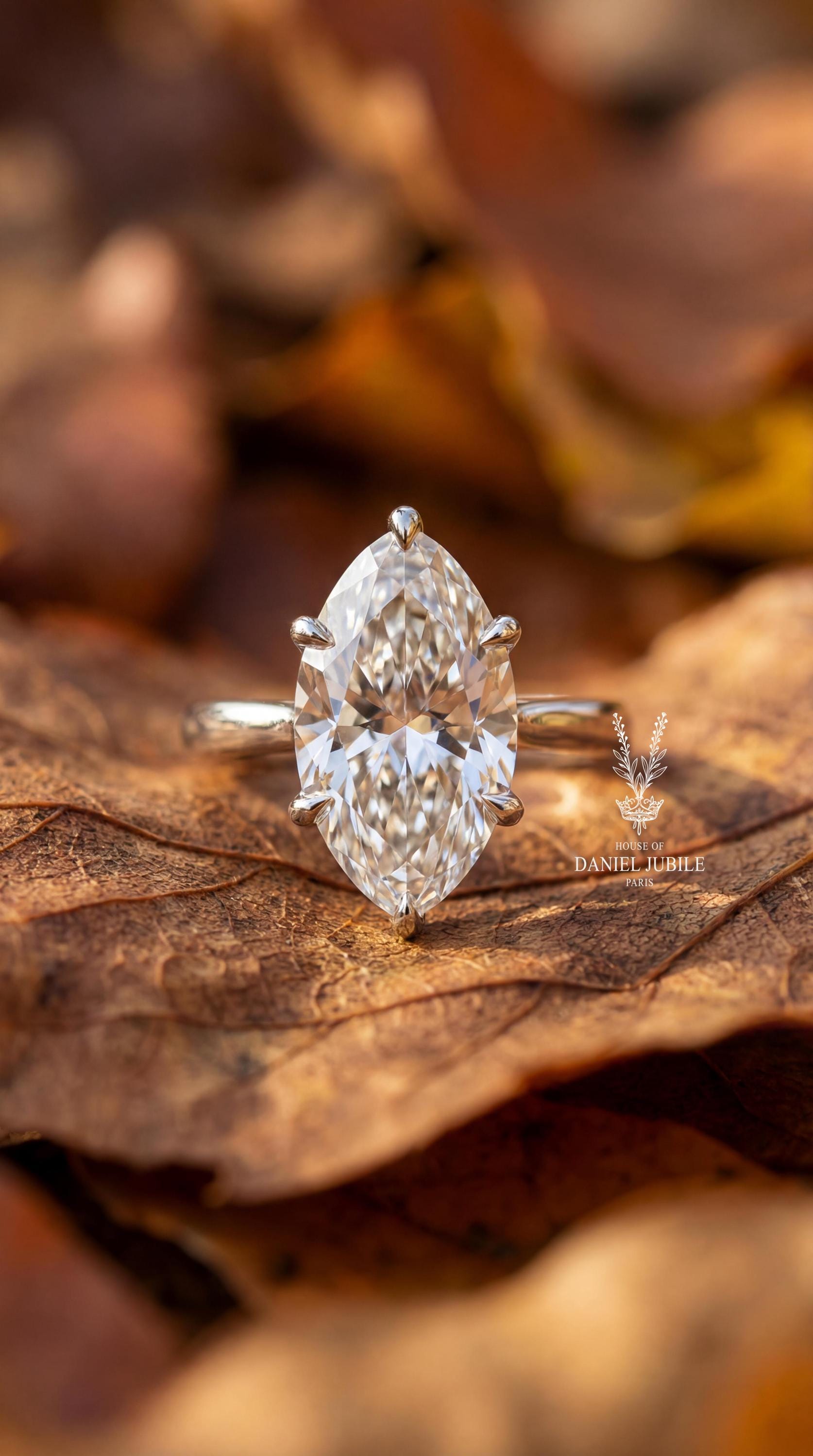 4ct Marquise Lab Diamond Engagement Ring, 14k Gold Tulip Solitaire