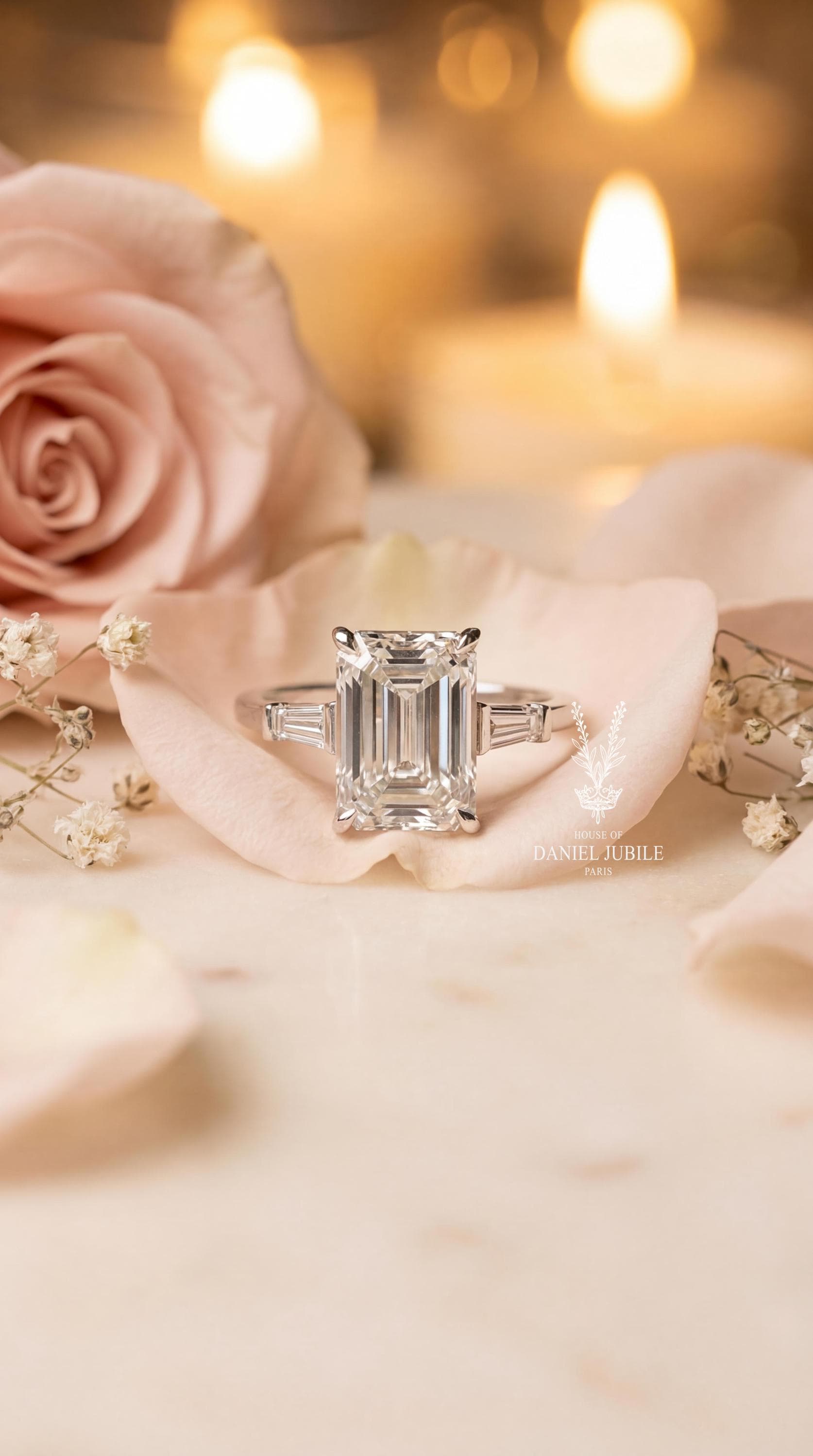 4ct Emerald Cut Lab Diamond Engagement Ring, 14k Gold Art Deco Trilogy