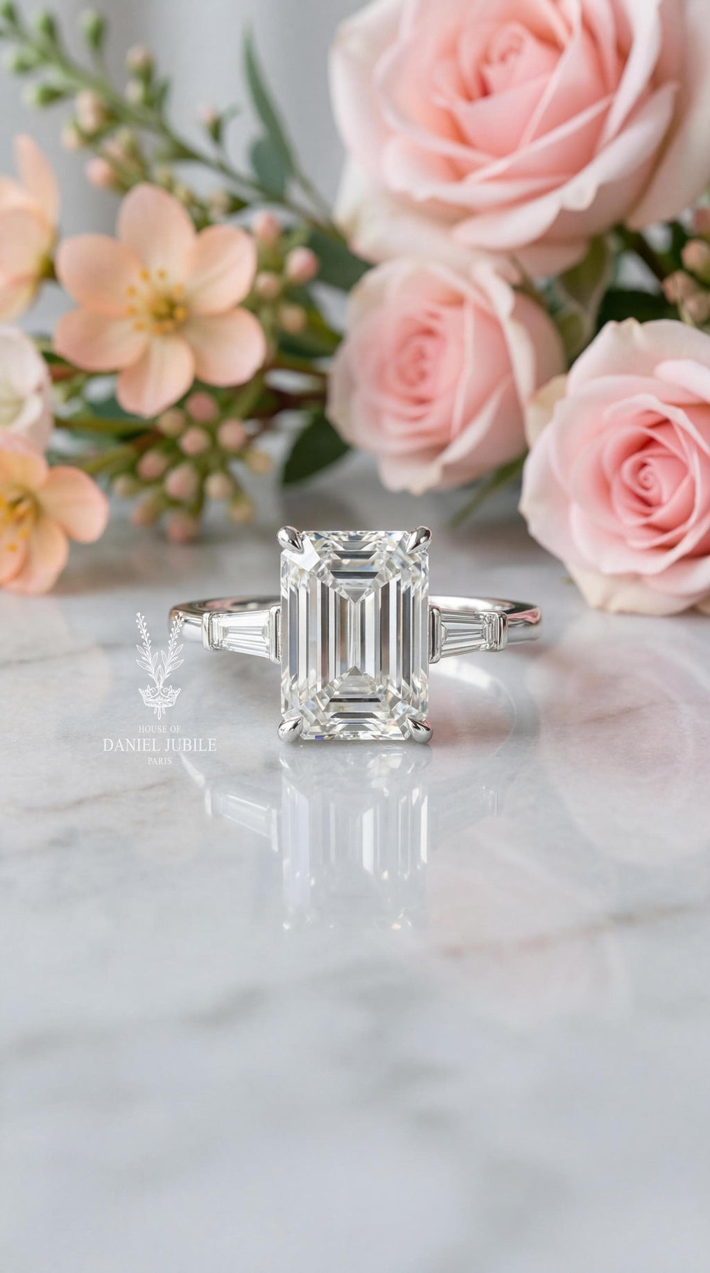 4ct Emerald Cut Lab Diamond Engagement Ring, 14k Gold Art Deco Trilogy