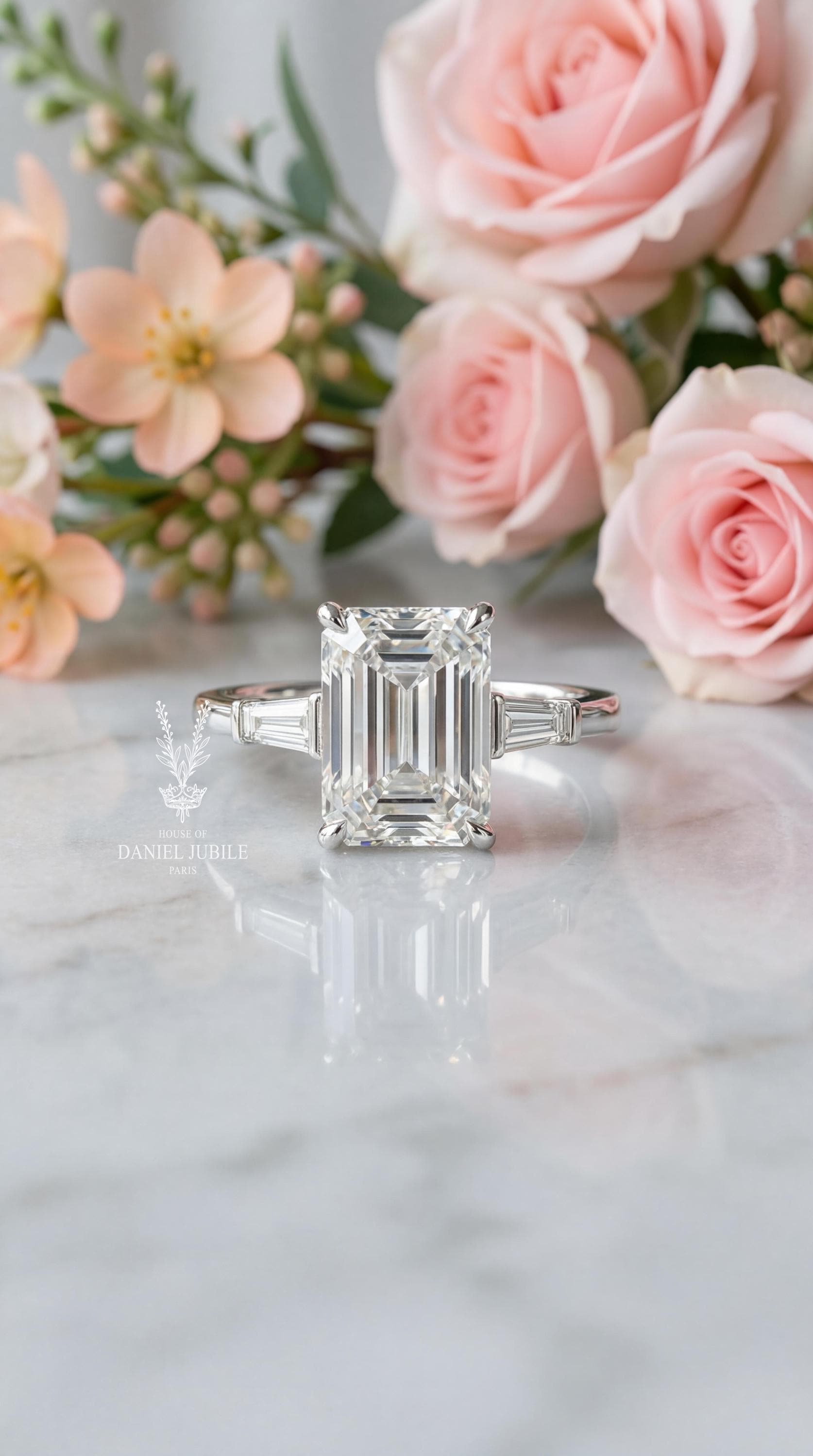 4ct Emerald Cut Lab Diamond Engagement Ring, 14k Gold Art Deco Trilogy