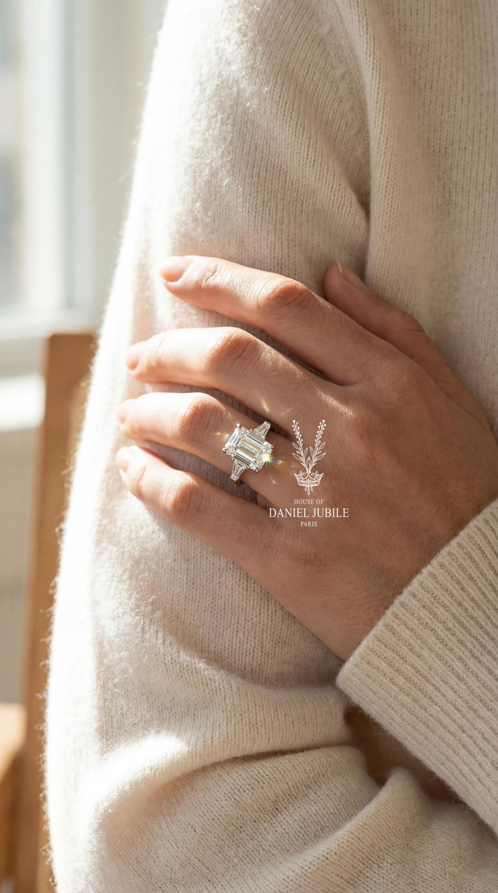 4ct Emerald Cut Lab Diamond Engagement Ring, 14k Gold Art Deco Trilogy