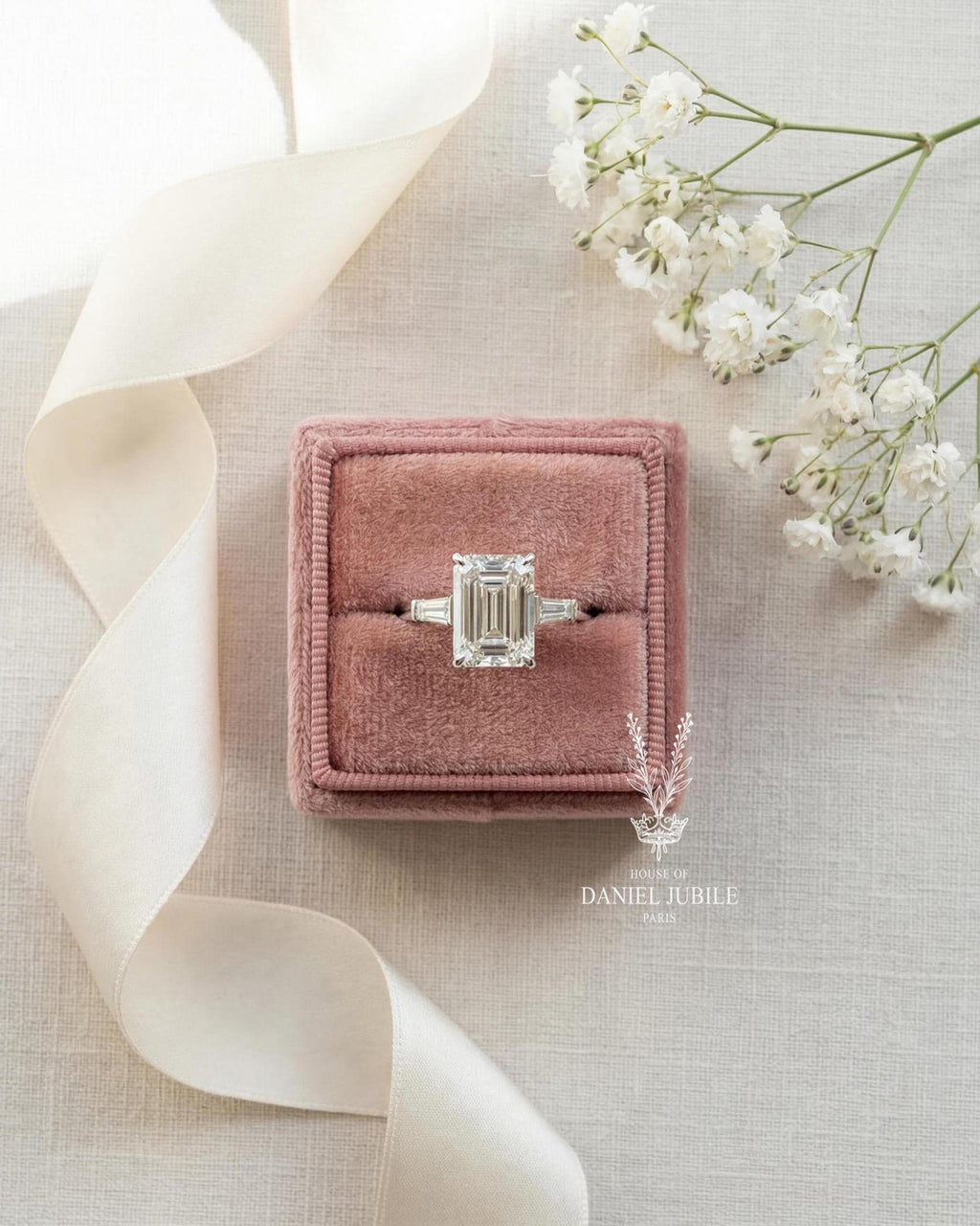 4ct Emerald Cut Lab Diamond Engagement Ring, 14k Gold Art Deco Trilogy