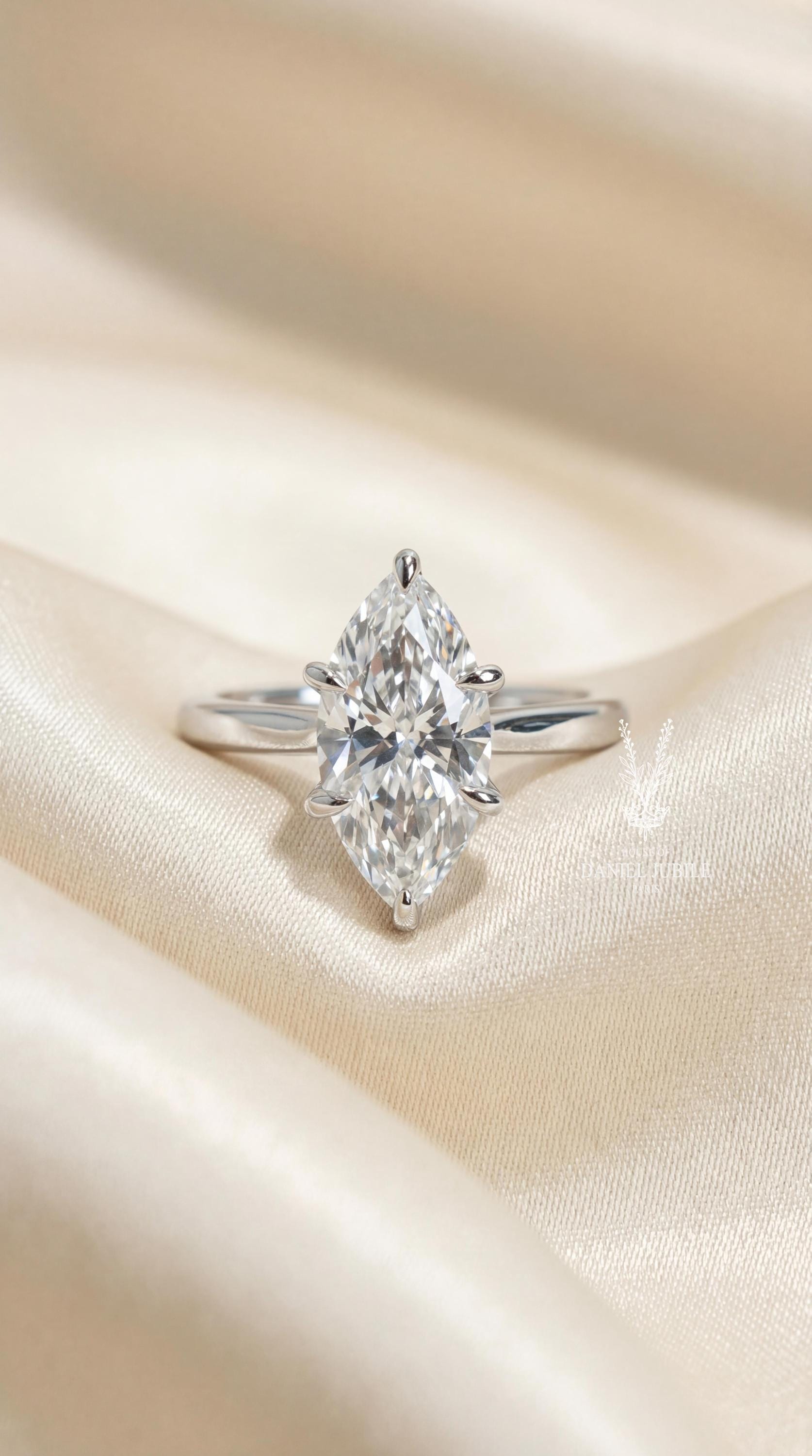 4ct Marquise Lab Grown Diamond Engagement Ring, 14k Gold Art Deco Baguette Ring