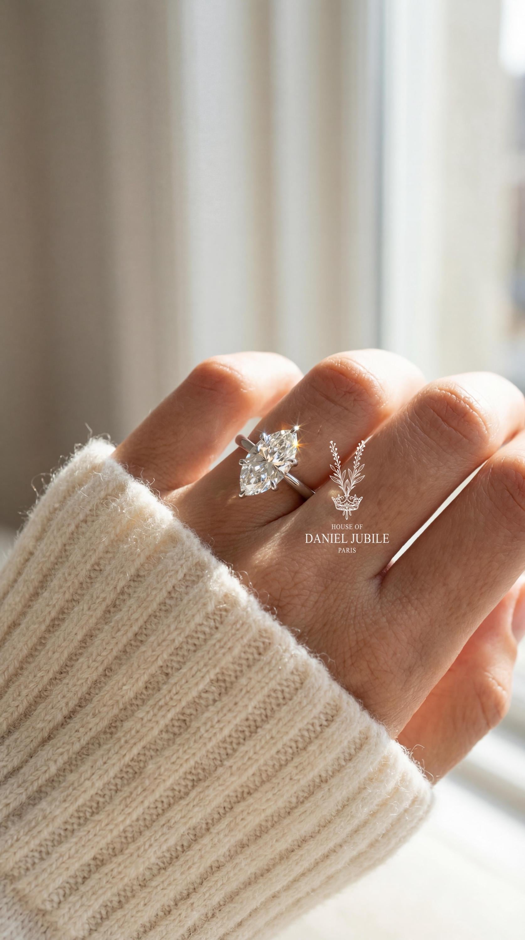 4ct Marquise Lab Grown Diamond Engagement Ring, 14k Gold Art Deco Baguette Ring