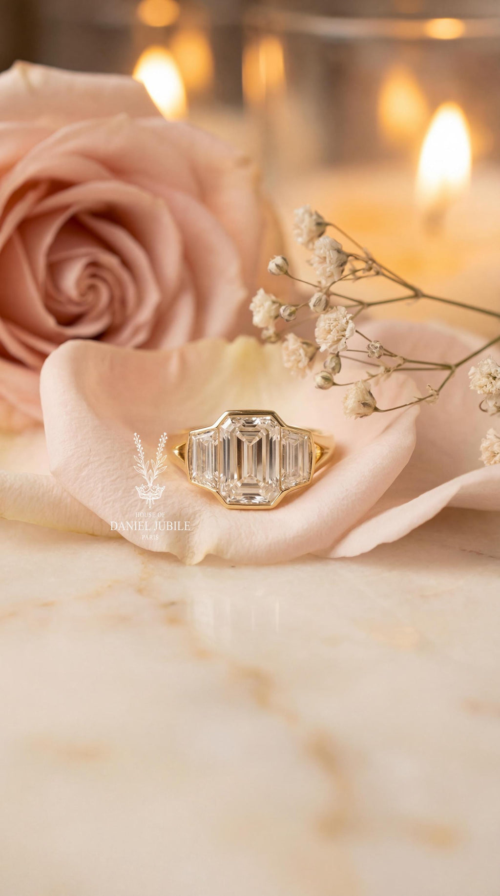 3Carat Emerald Cut Lab Diamond Engagement Ring, 14k Gold Bezel Set Split Shank