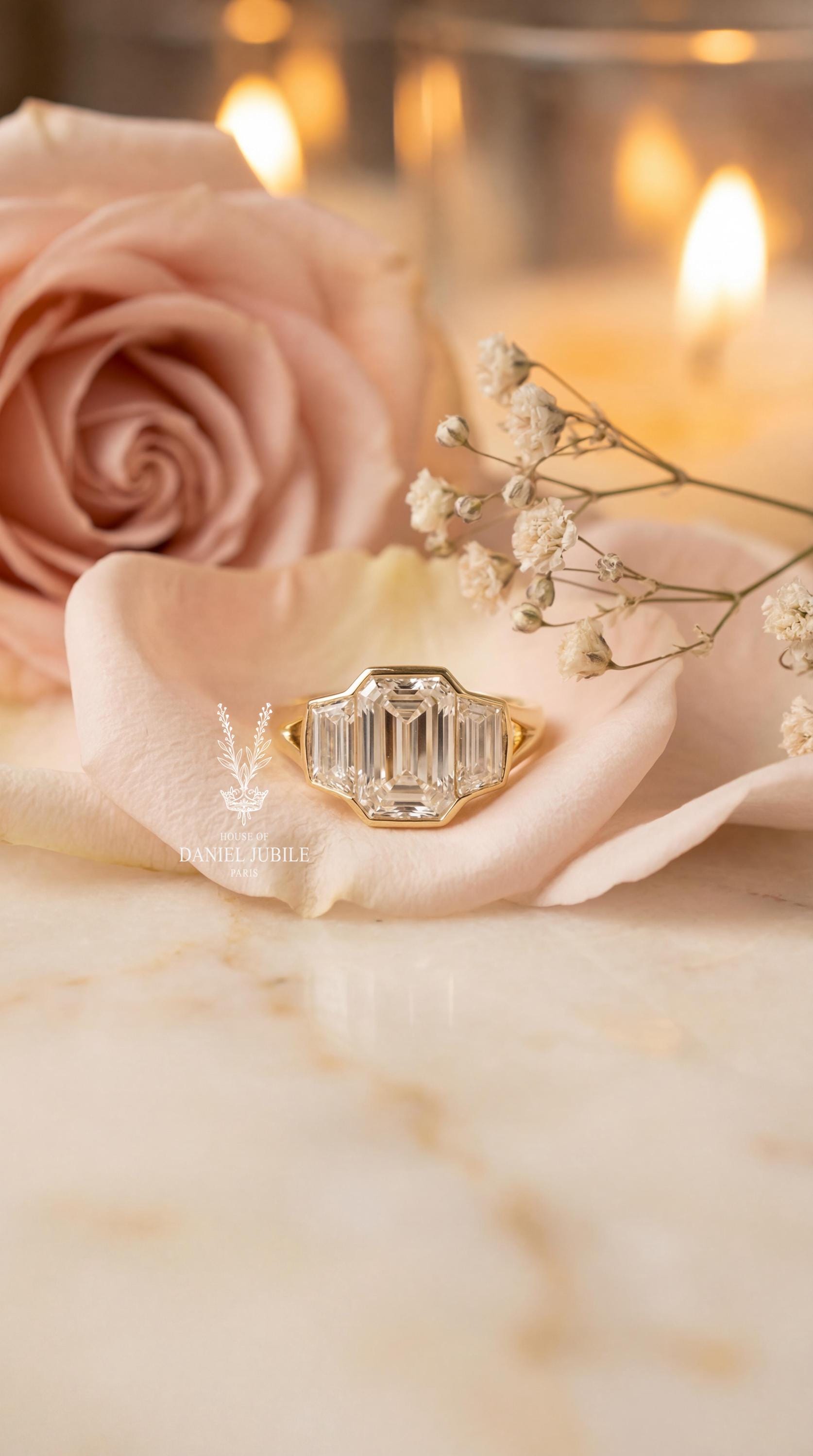 3Carat Emerald Cut Lab Diamond Engagement Ring, 14k Gold Bezel Set Split Shank