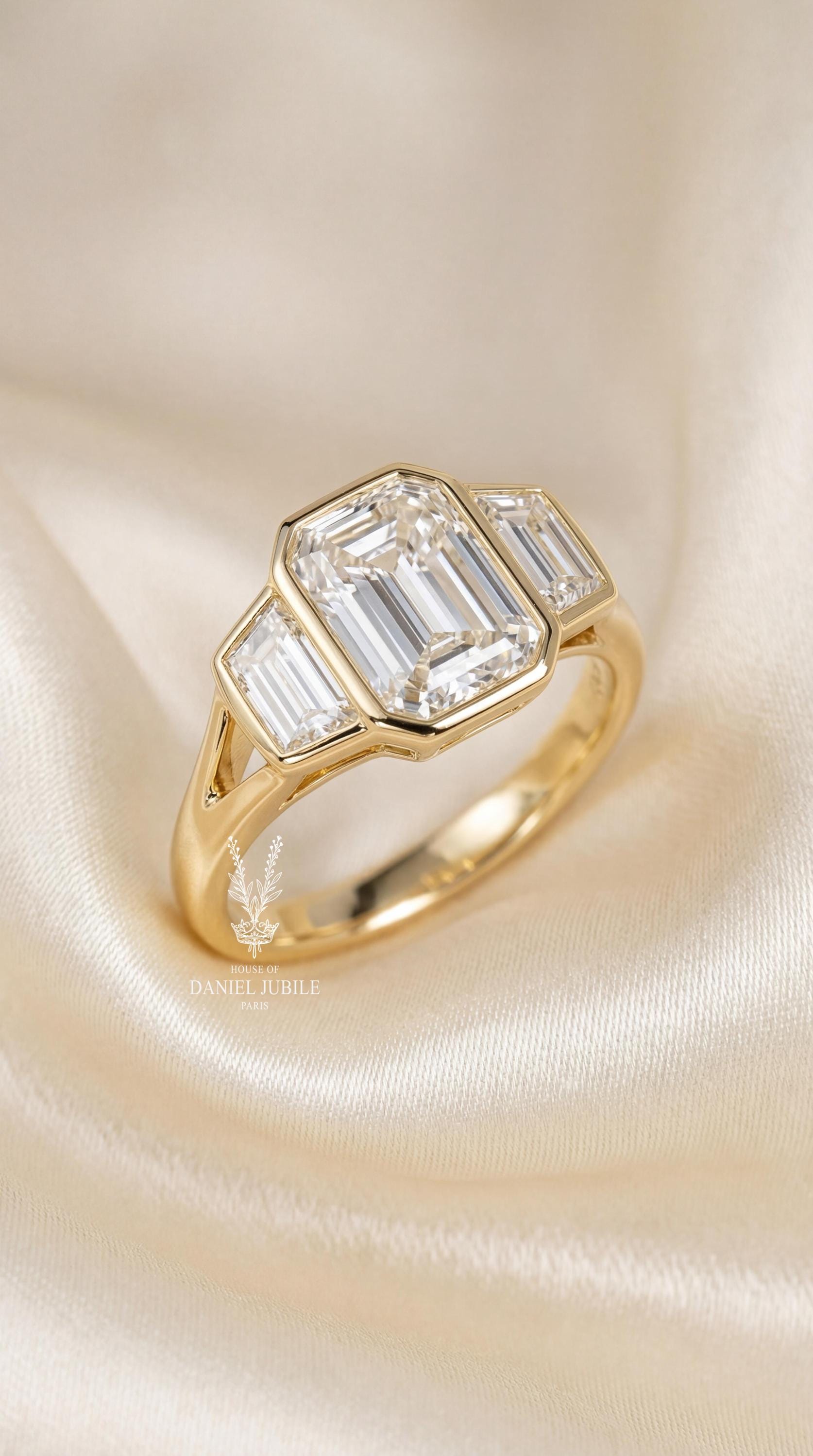 3Carat Emerald Cut Lab Diamond Engagement Ring, 14k Gold Bezel Set Split Shank