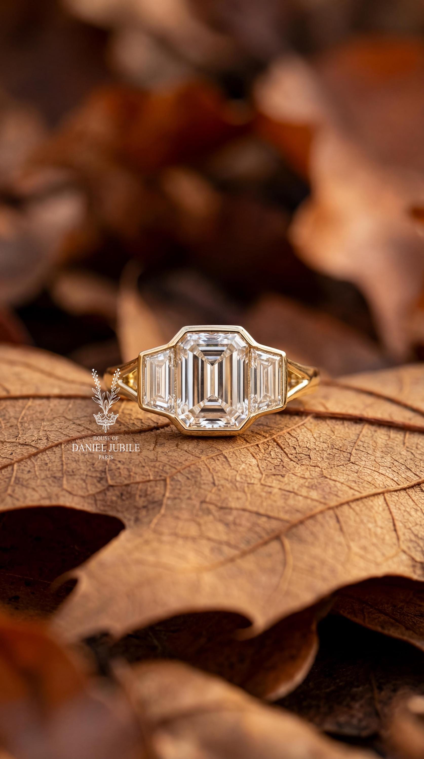 3Carat Emerald Cut Lab Diamond Engagement Ring, 14k Gold Bezel Set Split Shank