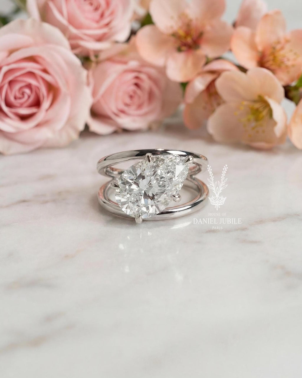 3ct Pear Cut Diamond Engagement Ring Double Band Split Shank 14k Solid Gold Wedding Ring Modern Architectural Floating Solitaire Unique