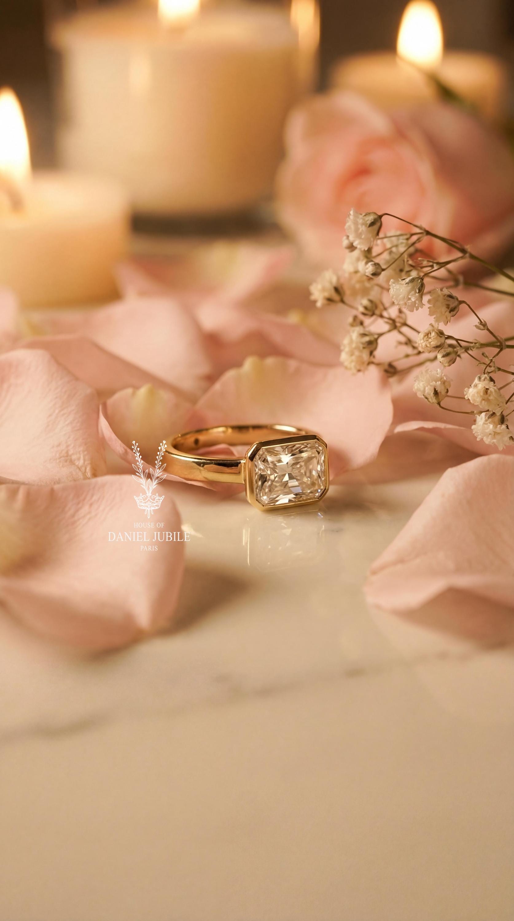 3ct Radiant Cut Diamond Engagement Ring Bezel Set Solitaire 14k Solid Gold Wide Cigar Band Modern Minimalist Statement Ring Custom
