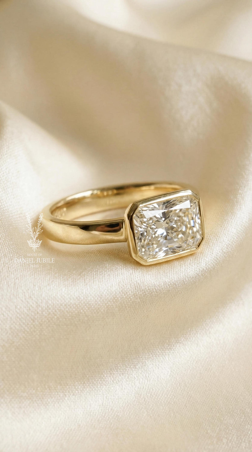 3ct Radiant Cut Diamond Engagement Ring Bezel Set Solitaire 14k Solid Gold Wide Cigar Band Modern Minimalist Statement Ring Custom