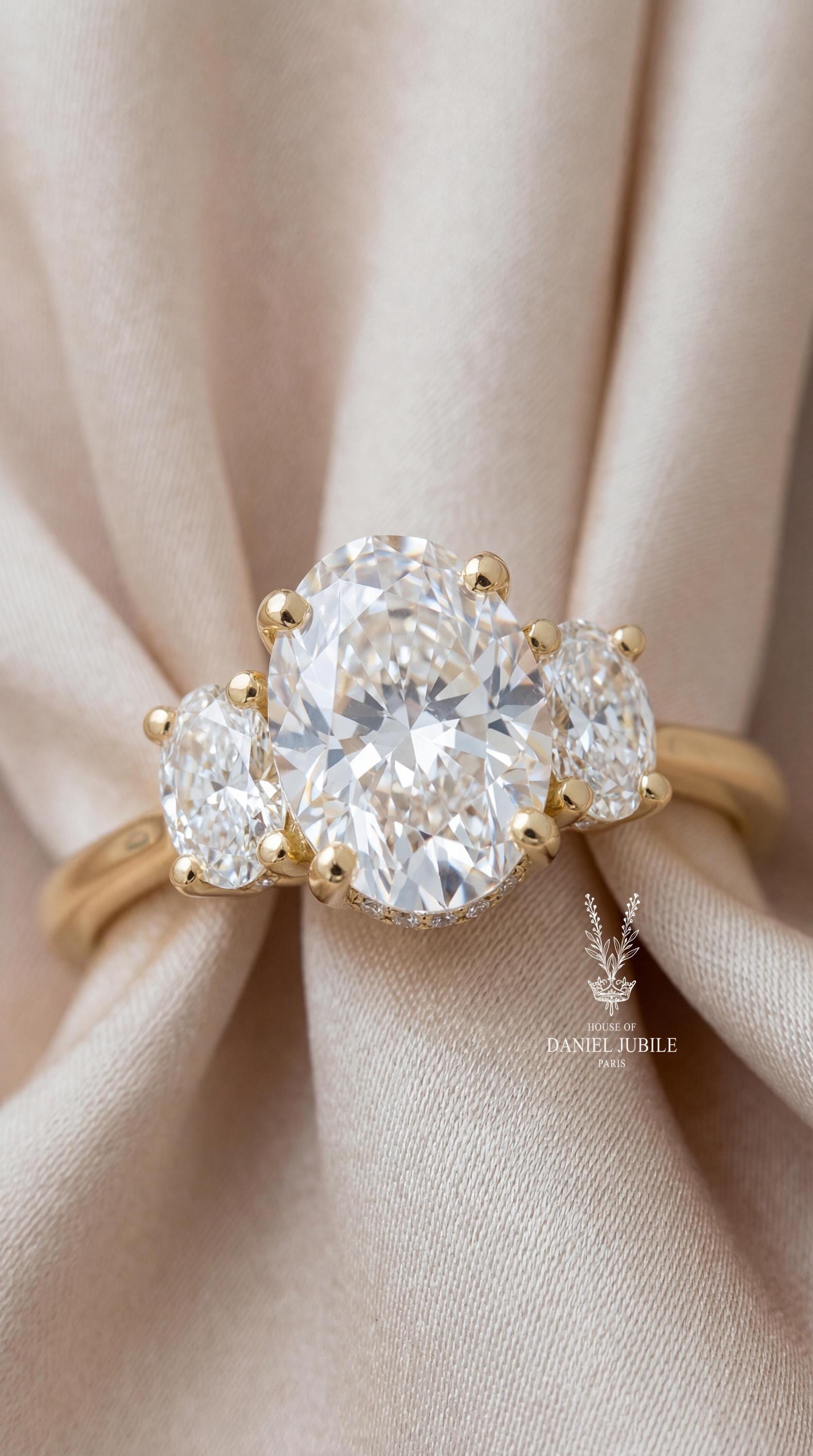 4.20CTW Oval Lab 3 Stone Diamond Ring - 14k Gold Trilogy Engagement Ring