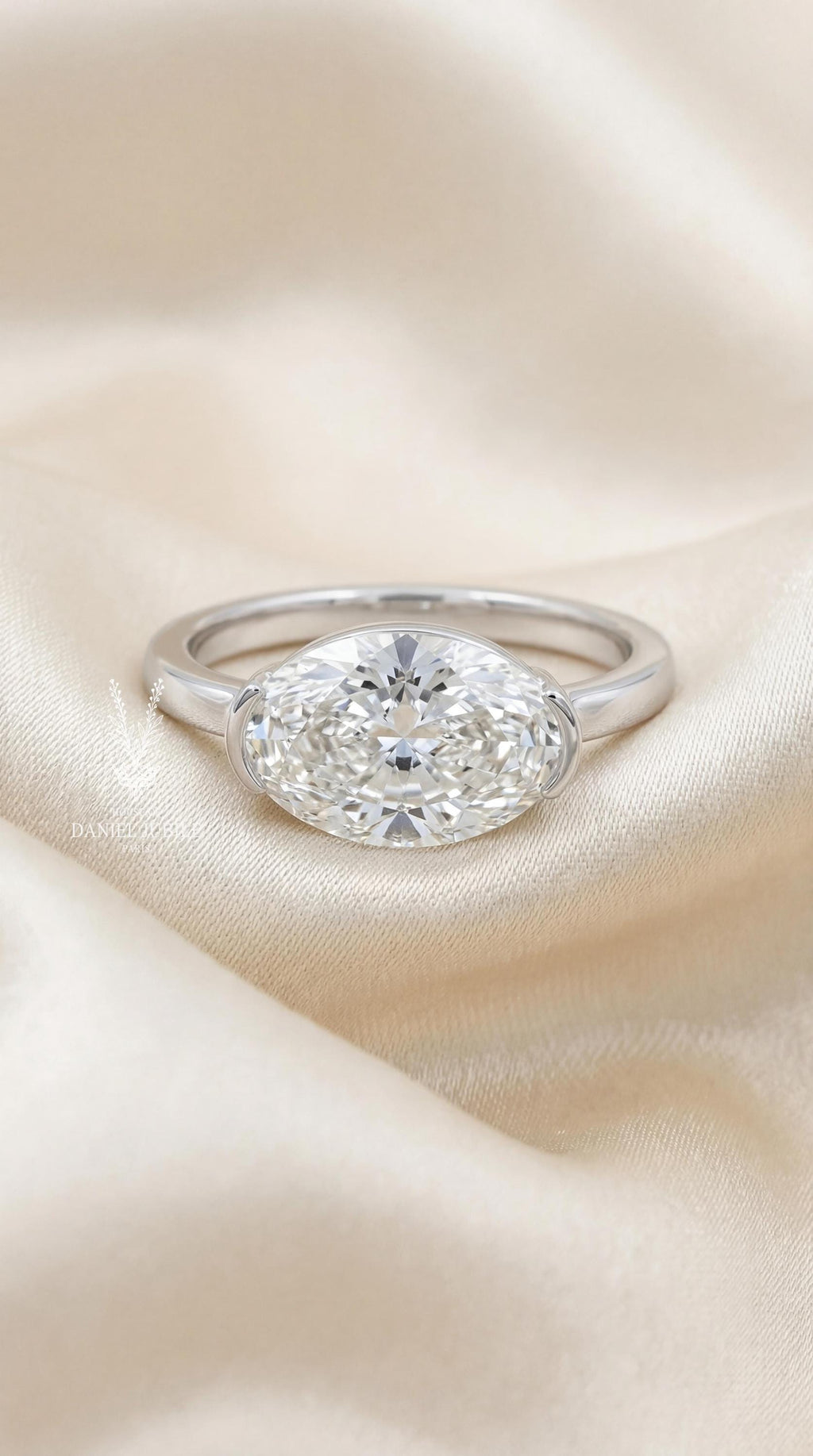 East-West Marquise Lab Diamond Ring – 14k White Gold Semi-Bezel