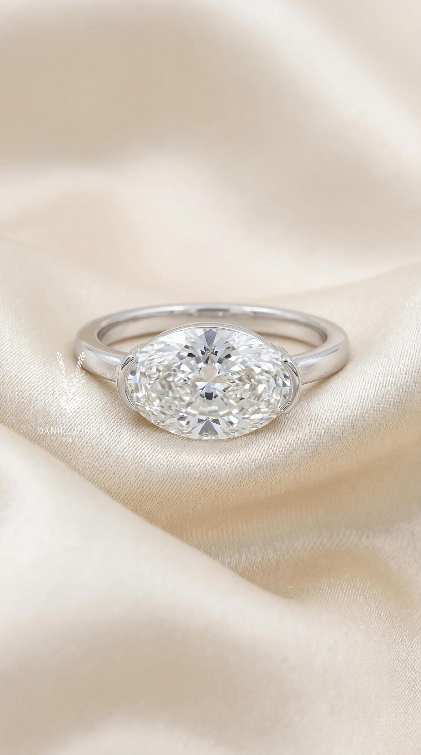 East-West Marquise Lab Diamond Ring – 14k White Gold Semi-Bezel