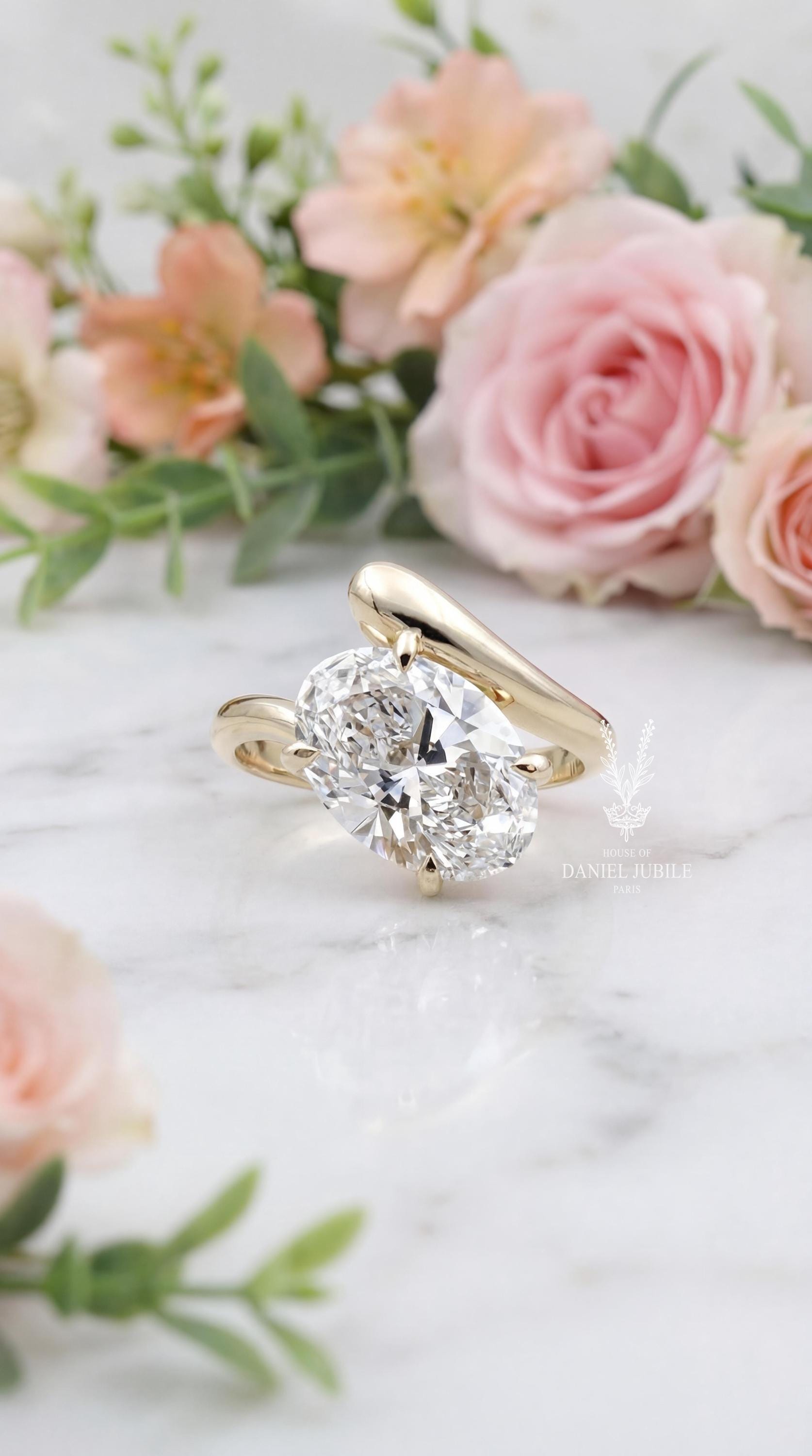 4ct Oval Lab Diamond Bypass Ring – Gold Solitaire Engagement Gift