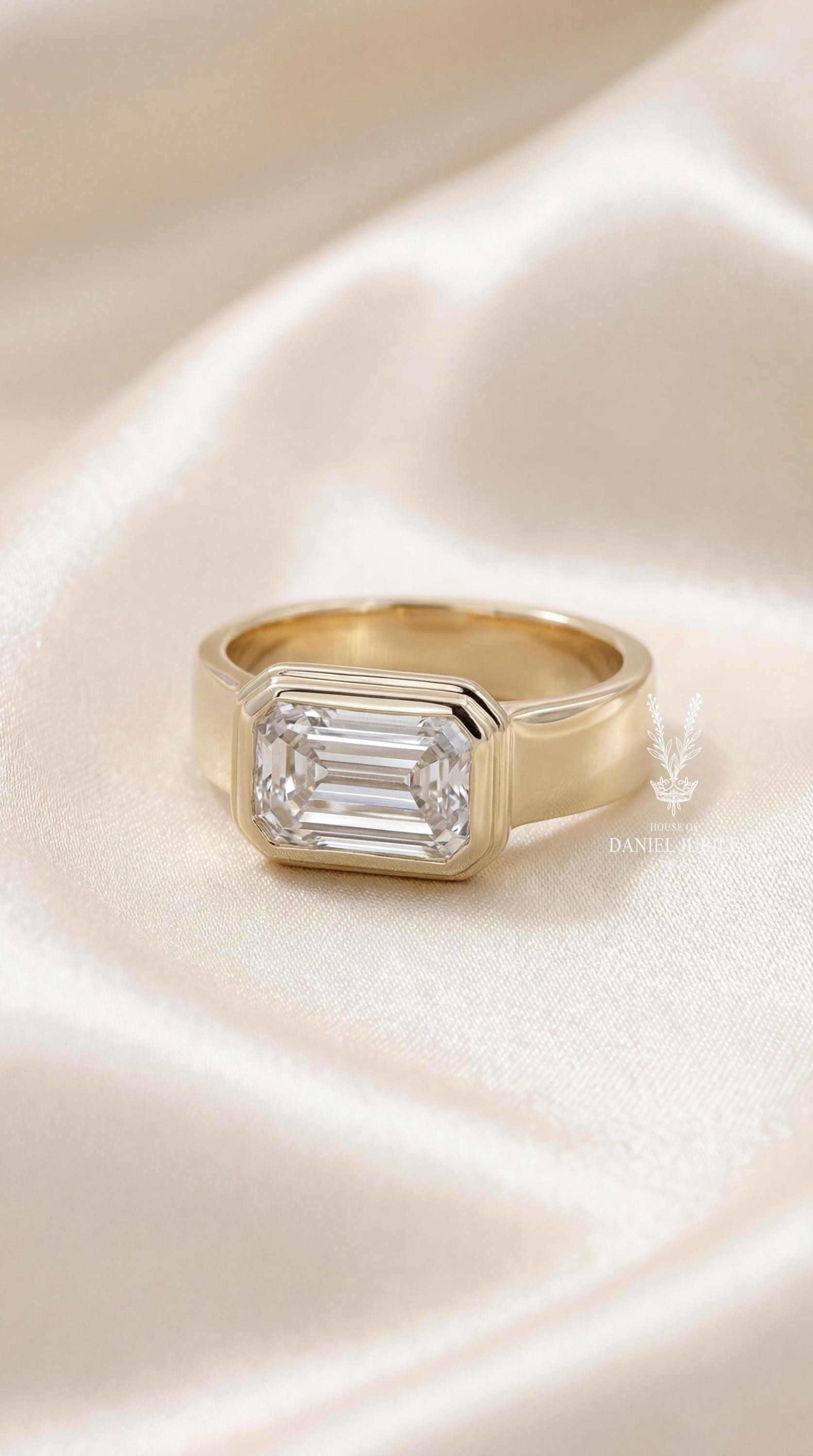 3ct Emerald Cut Lab Diamond Ring – 14k Yellow Gold Wide Band