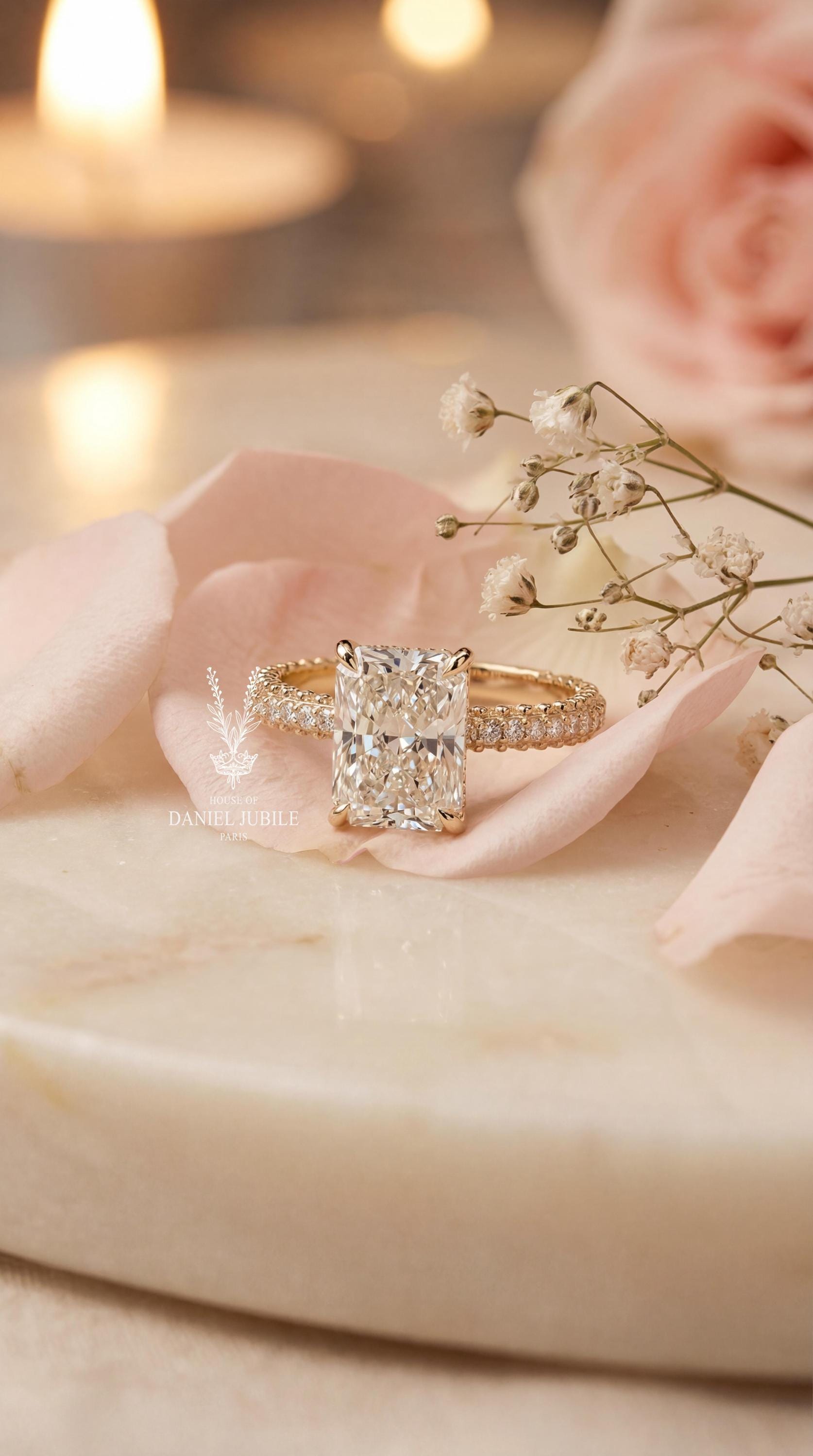 Radiant Cut Lab Engagement Diamond Ring – Pave Band, Hidden Halo