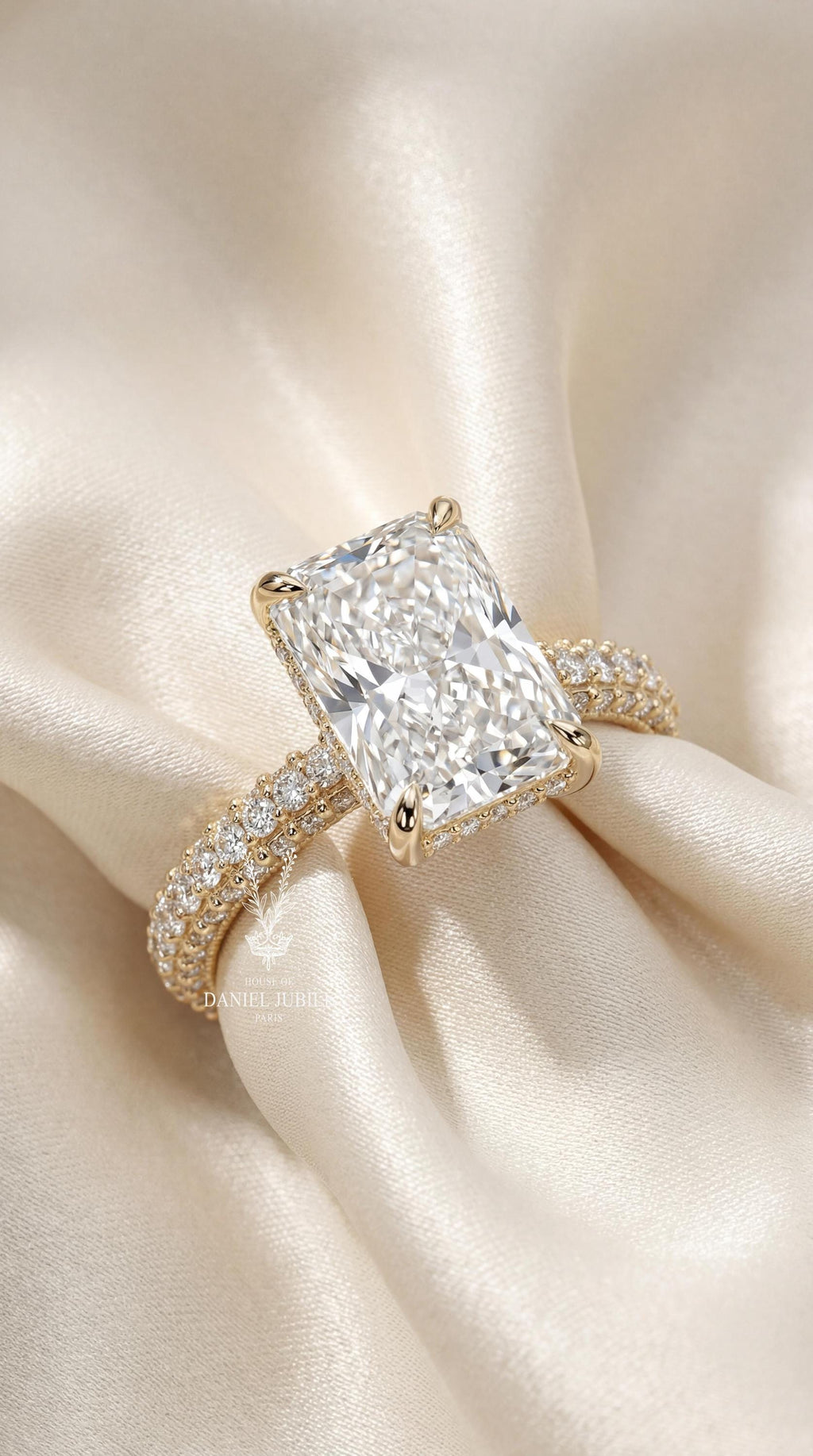 Radiant Cut Lab Engagement Diamond Ring – Pave Band, Hidden Halo