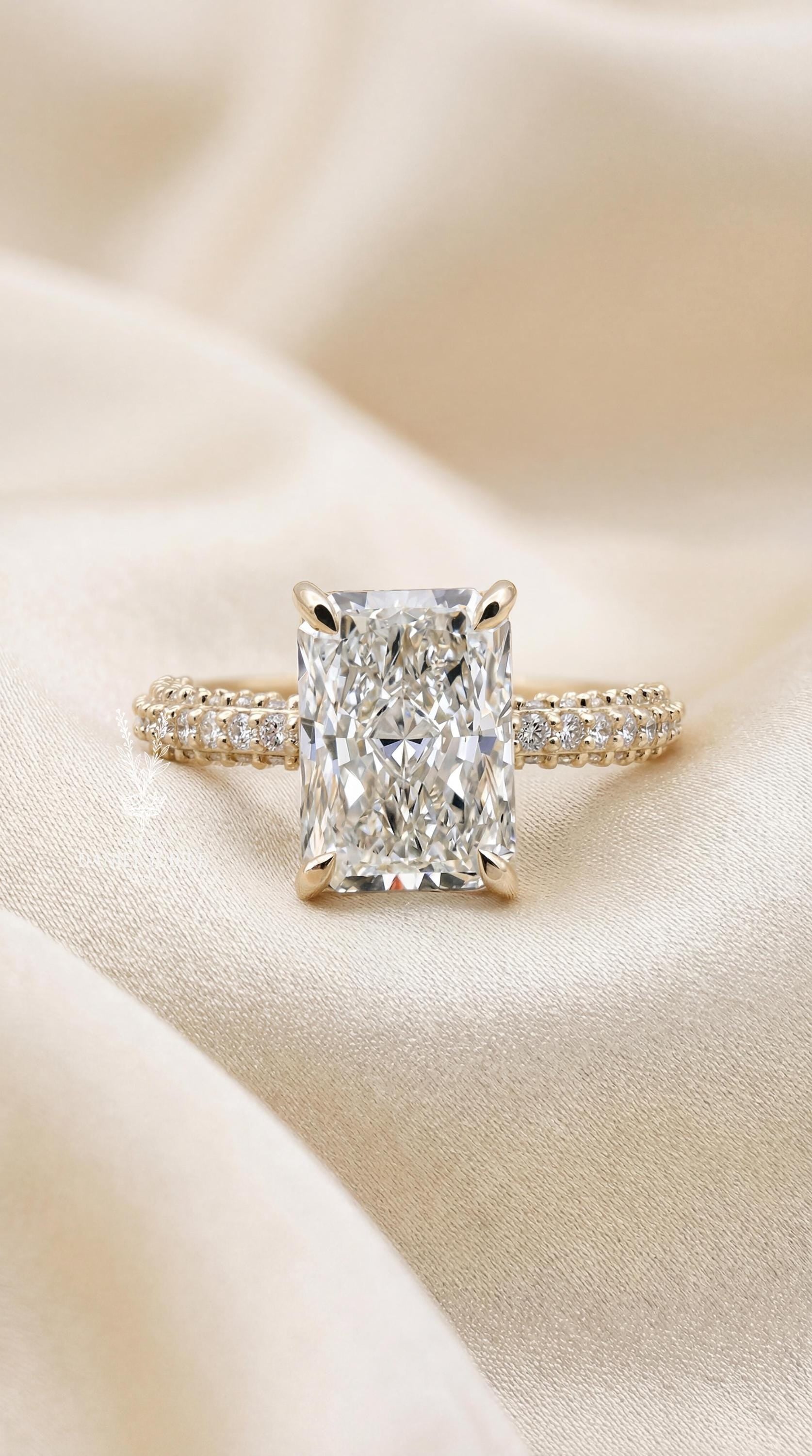 Radiant Cut Lab Engagement Diamond Ring – Pave Band, Hidden Halo