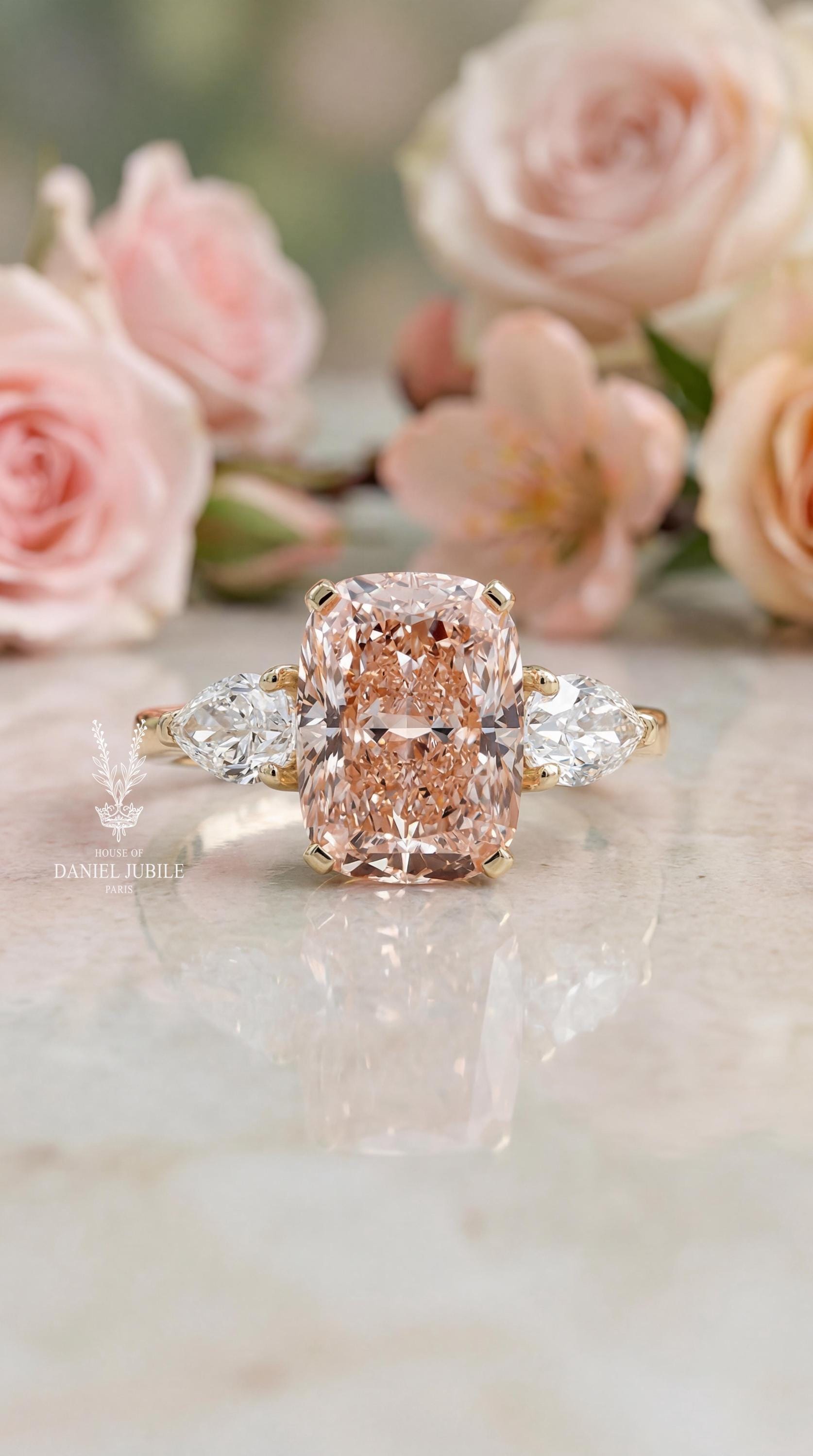 4 Carat Fancy Pink Cushion Cut Lab Diamond Ring – 14k Gold Three Stone Engagement Ring